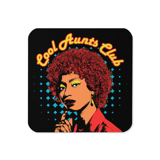 Cool Aunts Club cork-back coaster with retro 70s-inspired woman illustration, flat lay front view
