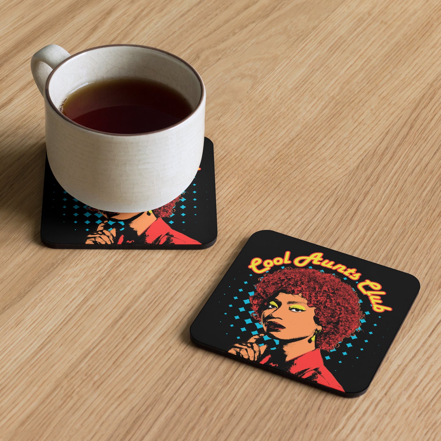 Cool Aunts Club coaster on wooden table with a mug, fun retro-style coaster for coffee or tea