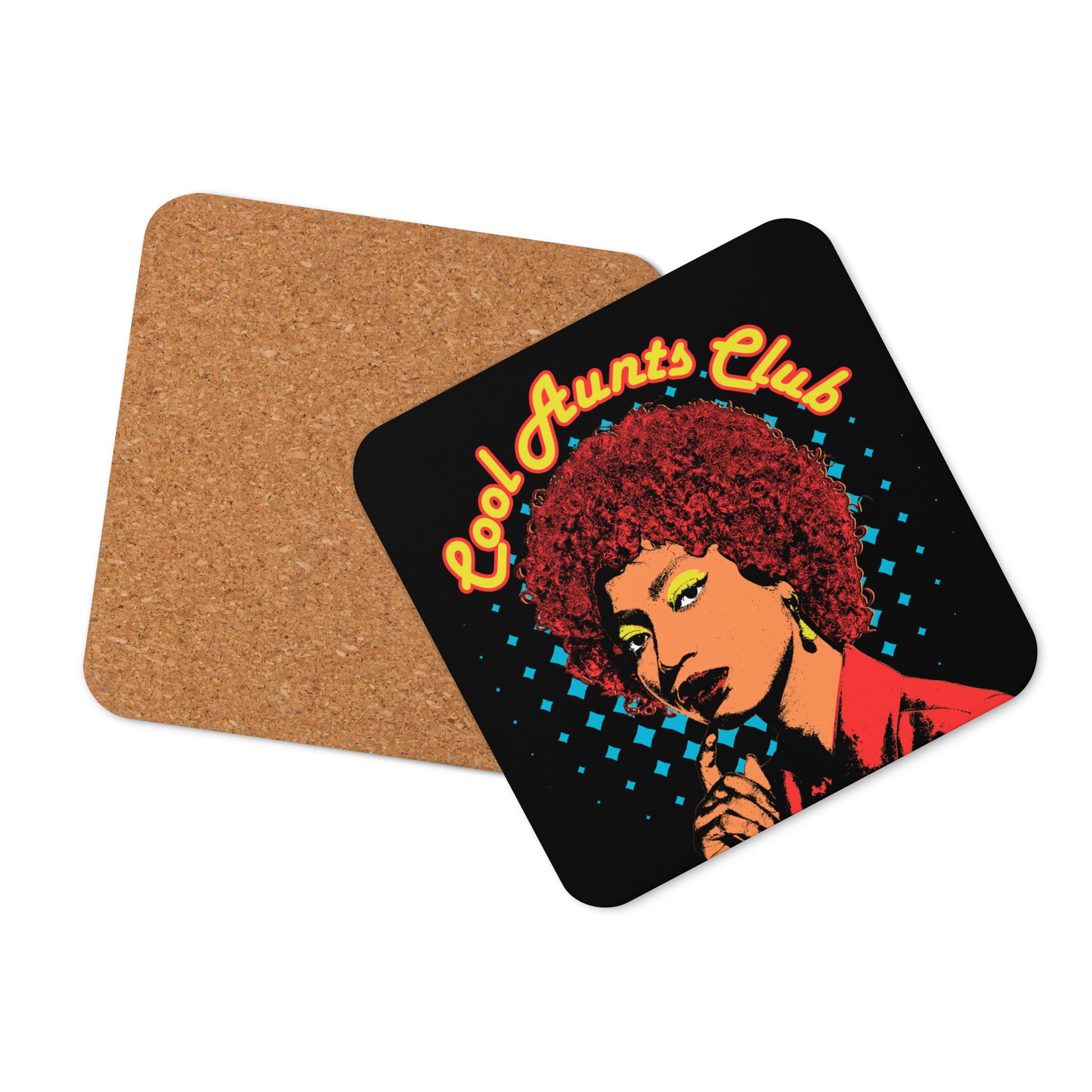 Cool Aunts Club coaster showing natural cork backing and rounded corners, square drinks coaster