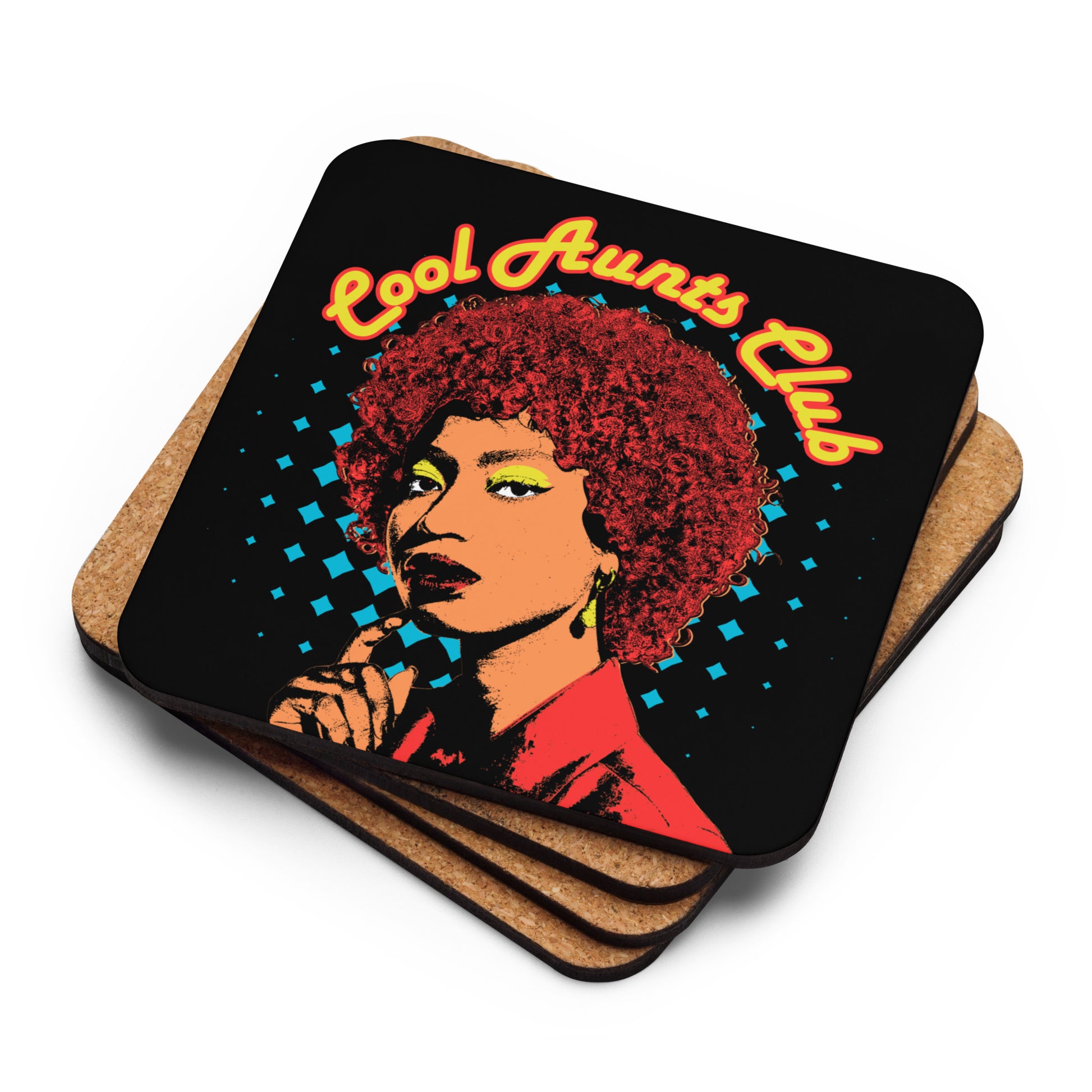 Stack of Cool Aunts Club cork-back coasters with retro aunt illustration, showing thickness and cork base