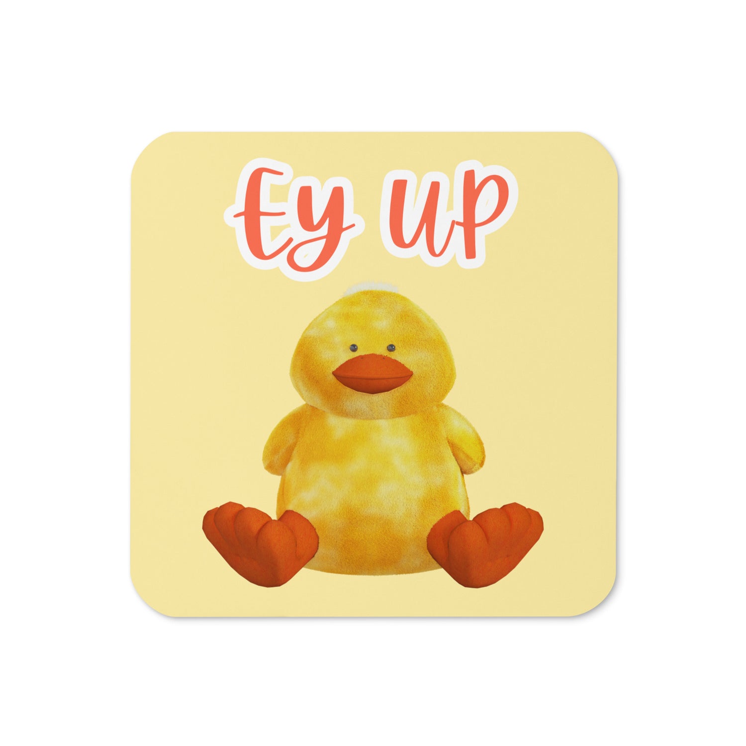 Ey Up Duck cork-back coaster with yellow background and cute duck illustration, flat lay front view