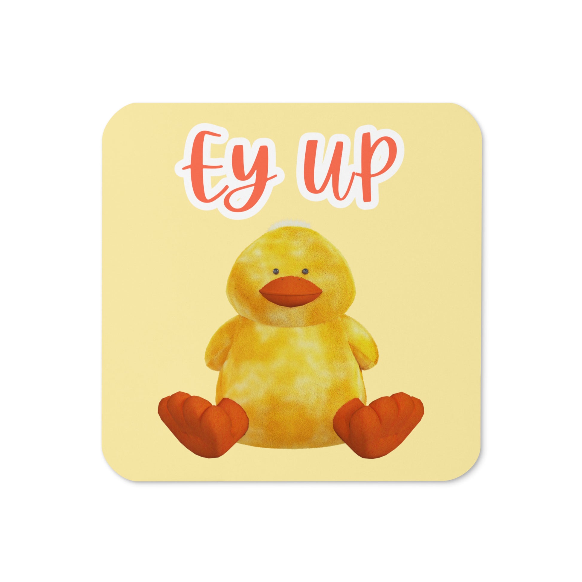 Ey Up Duck cork-back coaster with yellow background and cute duck illustration, flat lay front view