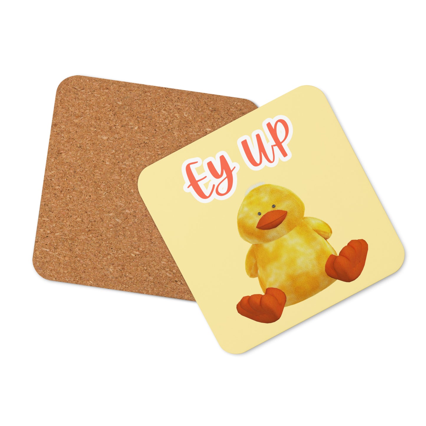 Ey Up Duck coaster showing natural cork backing and rounded corners, square drinks coaster