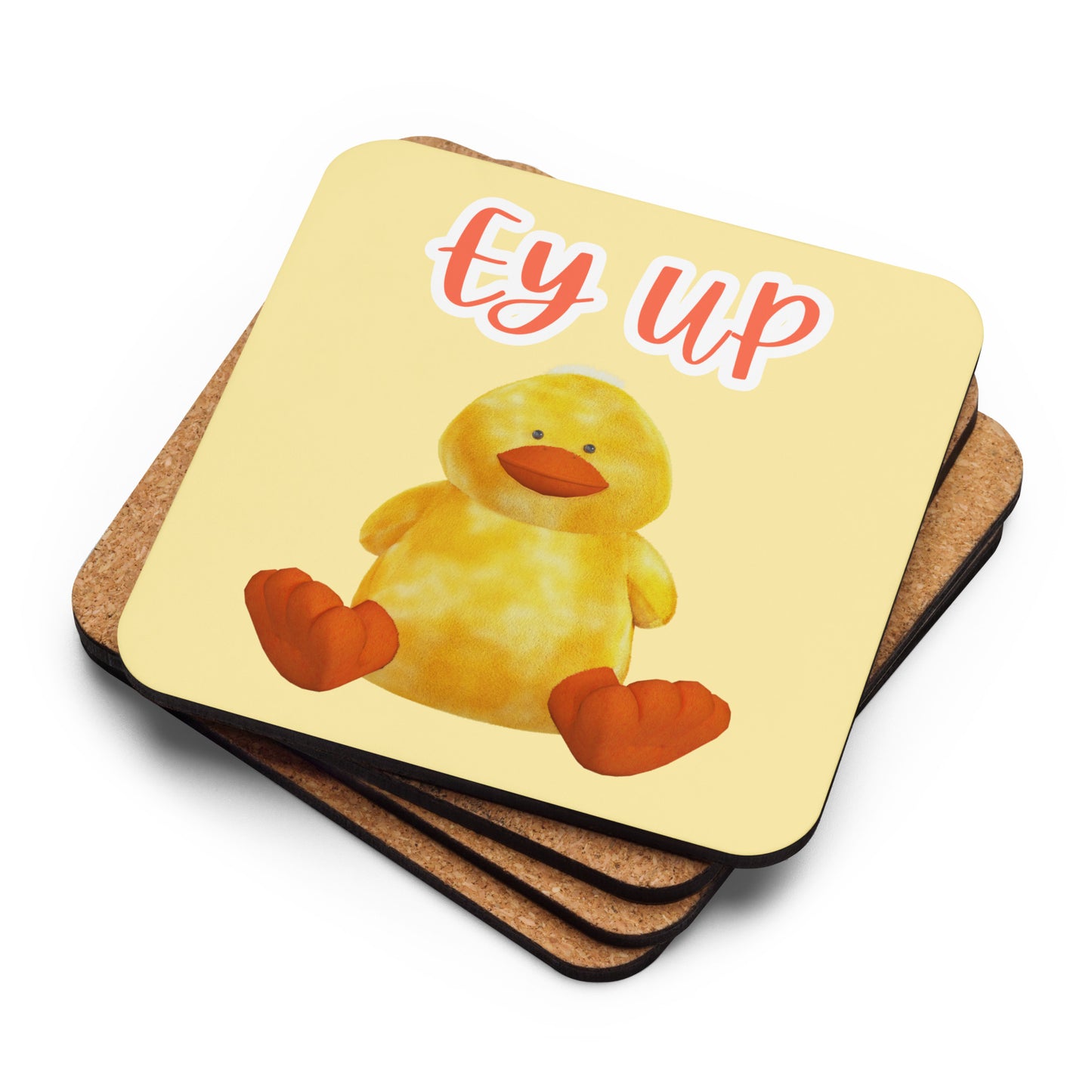 Stack of Ey Up Duck cork-back coasters with duck illustration, showing thickness and cork base