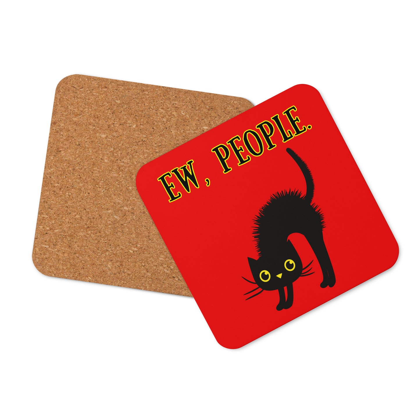 Ew, People coaster showing natural cork backing and rounded corners, square drinks coaster