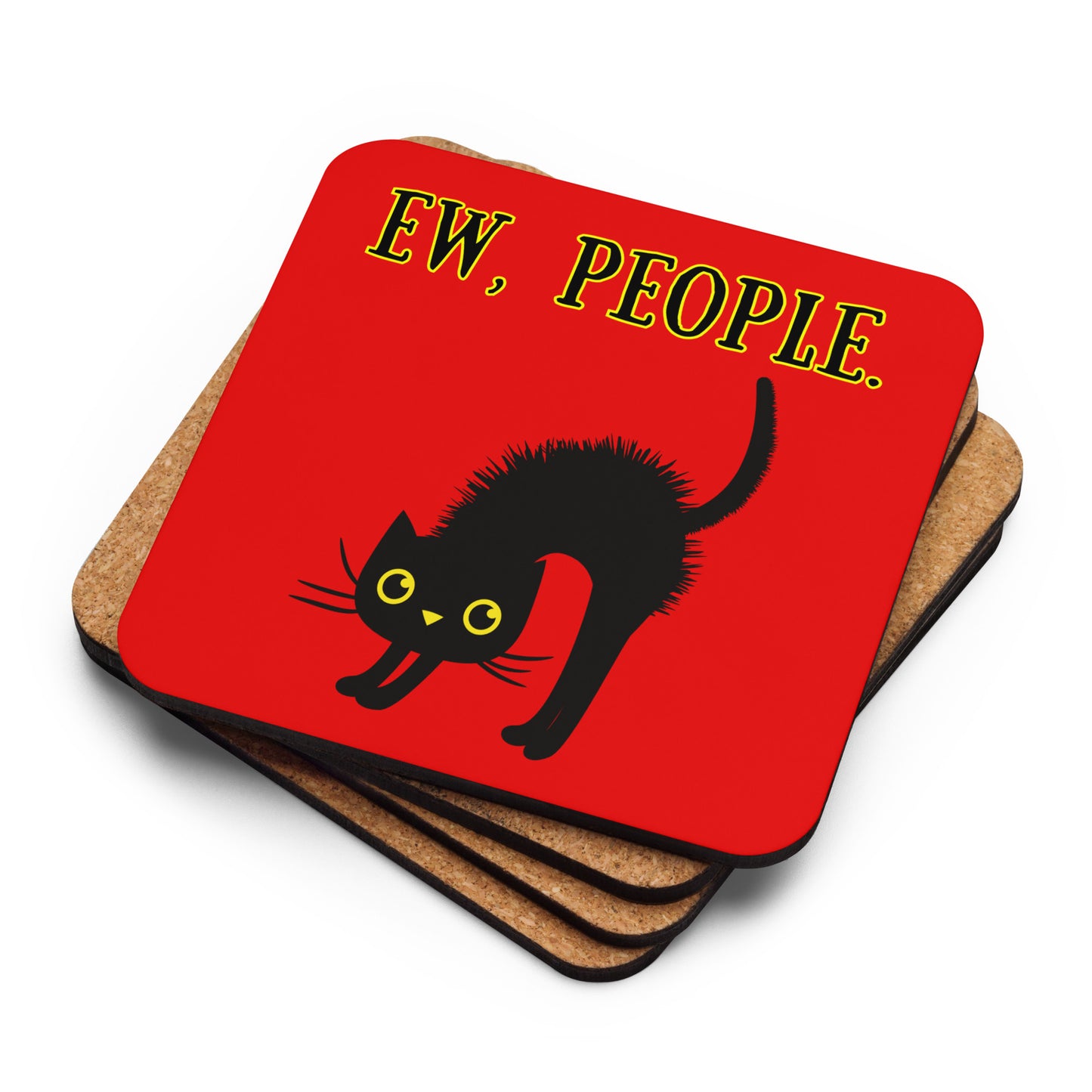 Stack of Ew, People cork-back coasters with black cat design, showing thickness and cork base