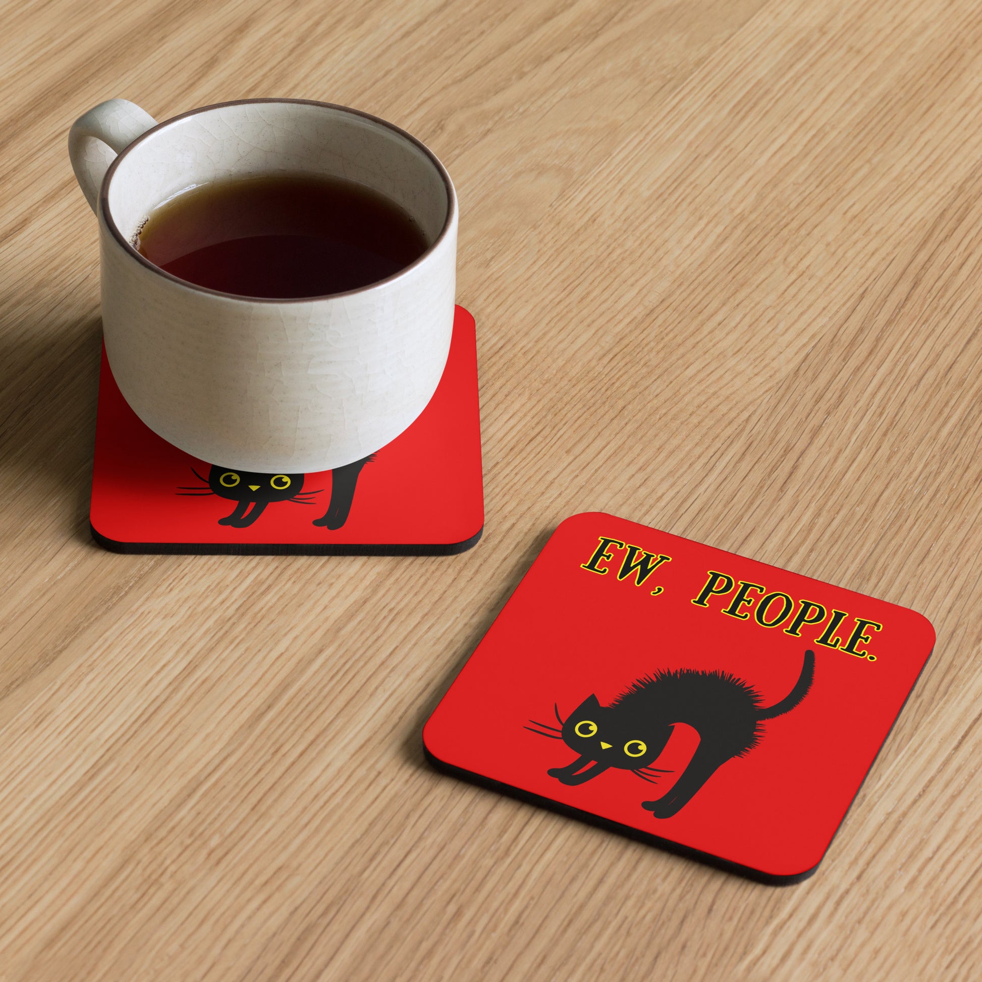 Ew, People coaster on table with mug, funny cat-themed coaster for coffee or tea breaks