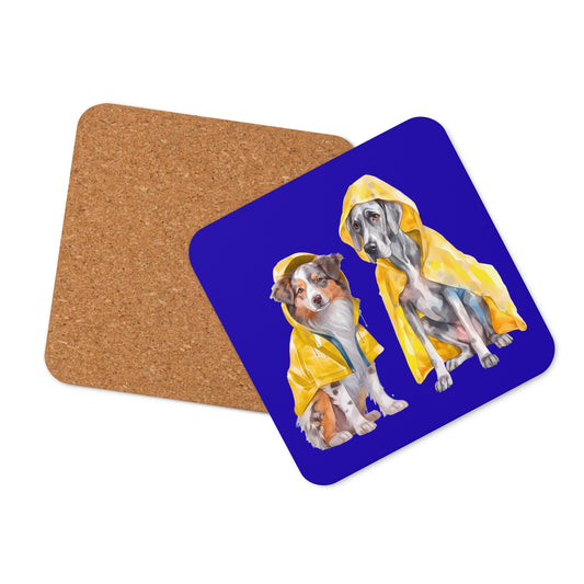 Rain Dogs coaster with cosy dog illustration and cork backing