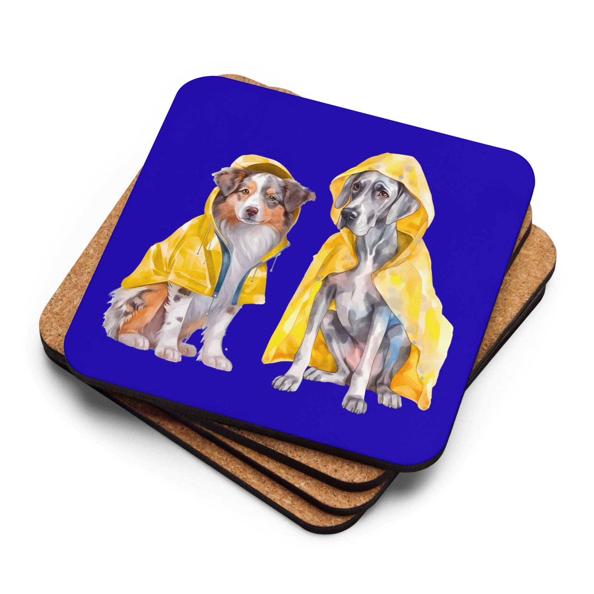 Rain Dogs cork-back coaster stacked, showing glossy surface and cork base