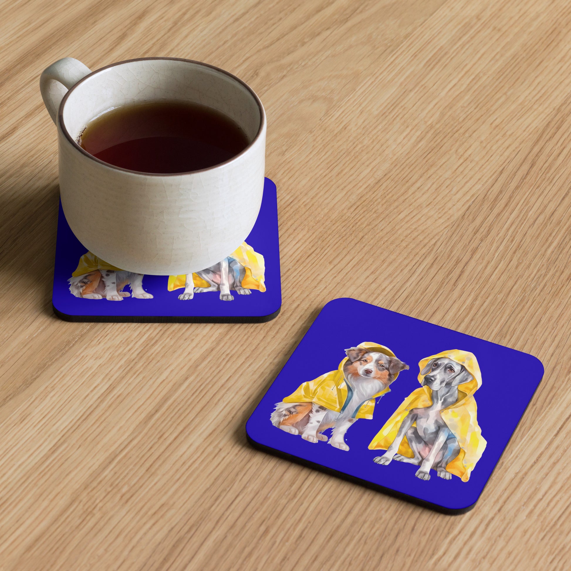Rain Dogs coaster styled on a table with a hot drink for a cosy everyday setting