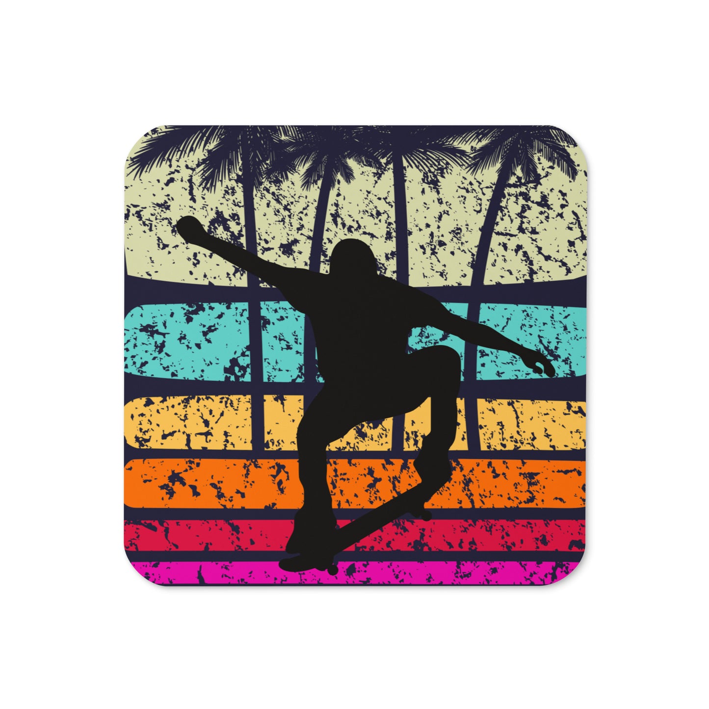 Board Life cork-back coaster with retro surf silhouette and sunset stripes