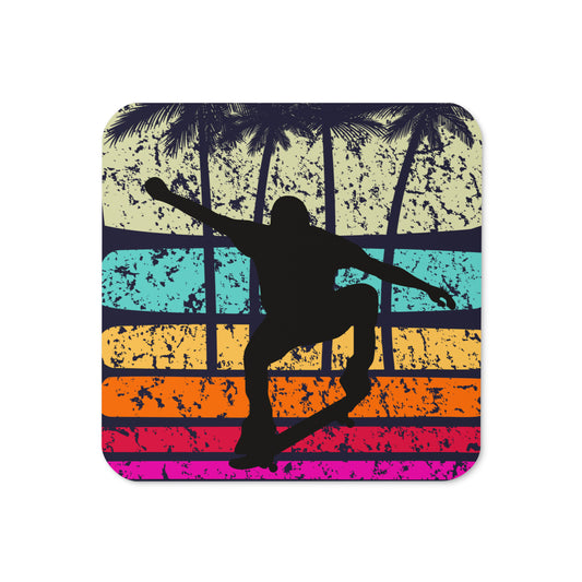 Board Life cork-back coaster with retro surf silhouette and sunset stripes