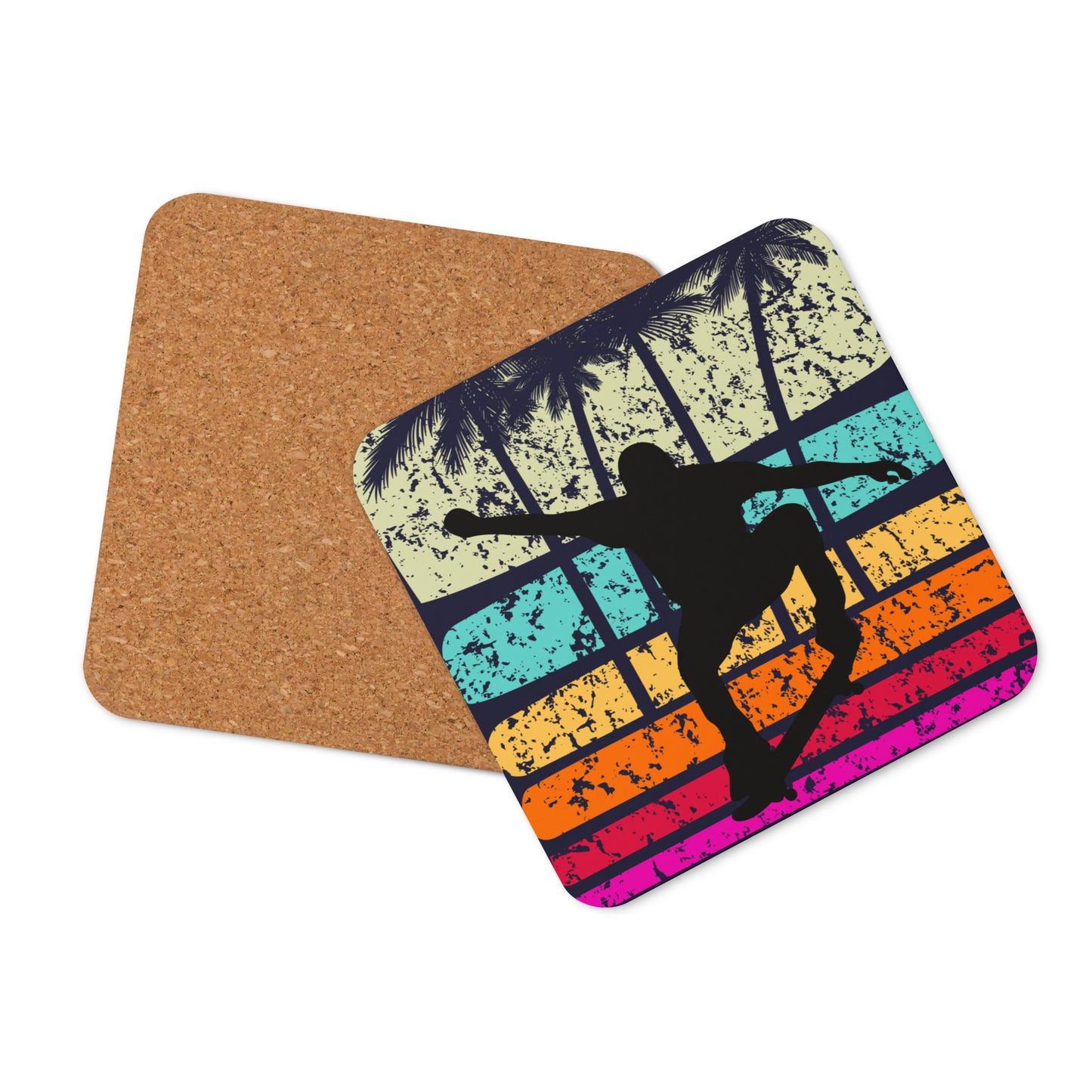 Board Life coaster shown at an angle displaying cork backing