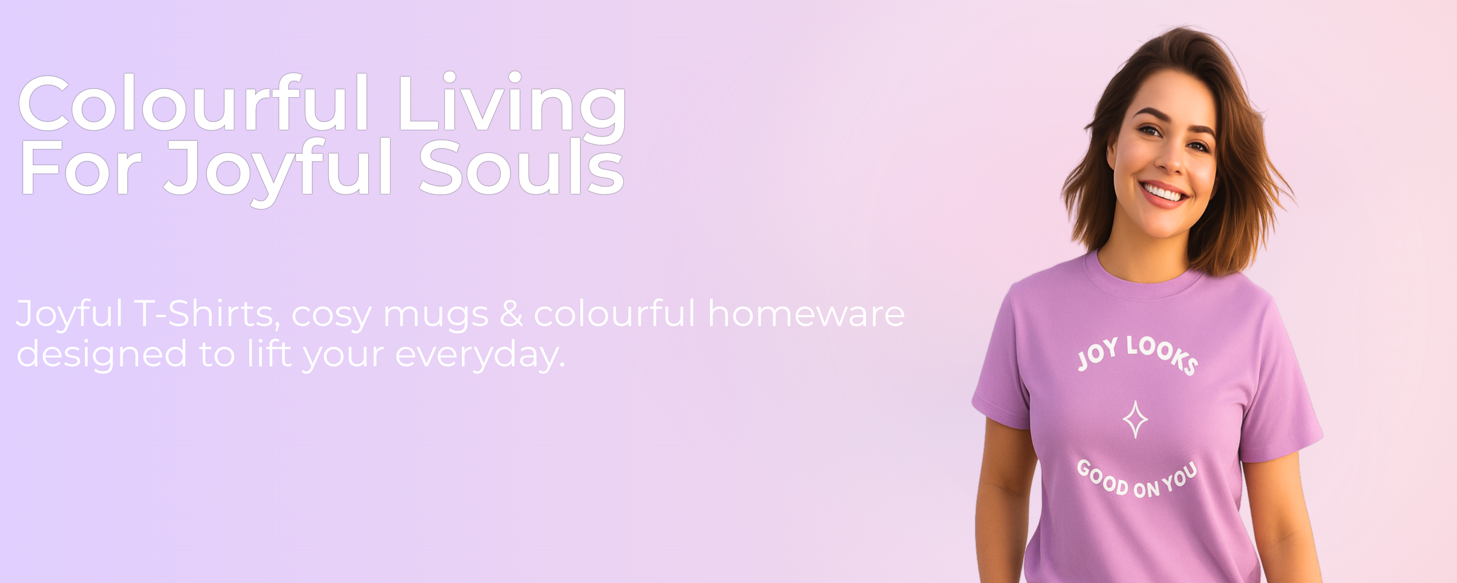 Smiling woman wearing lilac joyful T-shirt with ‘Joy Looks Good On You’ design, representing Not Just Aunties colourful living apparel and homeware brand.
