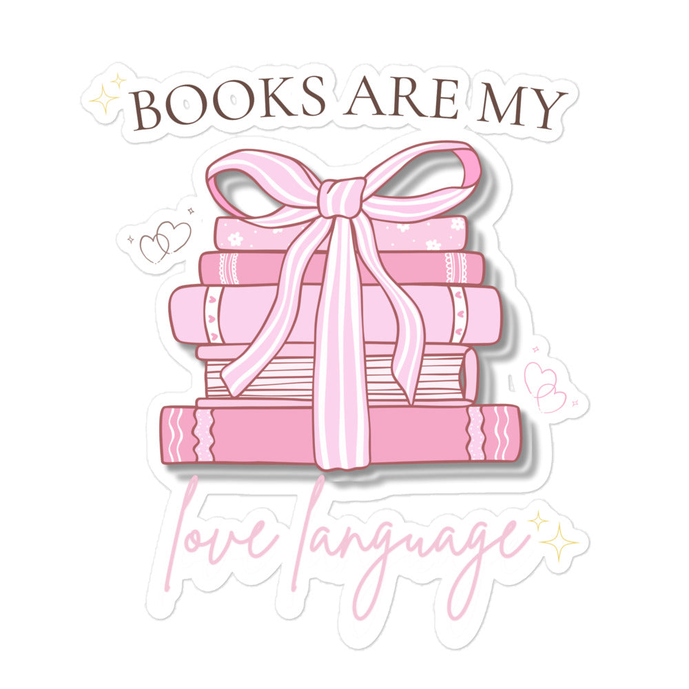 Pink book lover sticker with “Books Are My Love Language” design