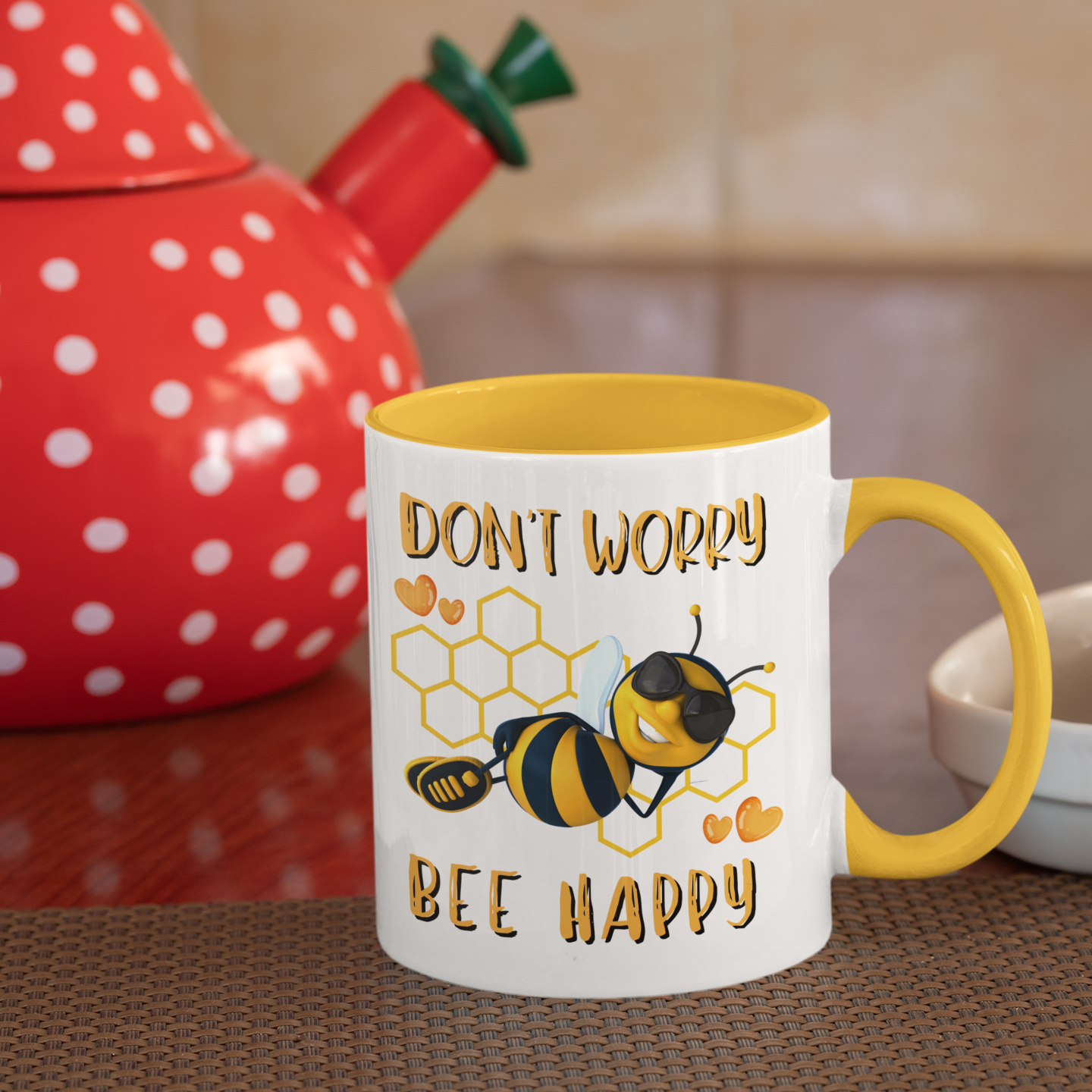 Don’t Worry Bee Happy mug styled on a table as a cheerful everyday gift