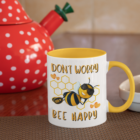 Don’t Worry Bee Happy mug styled on a table as a cheerful everyday gift