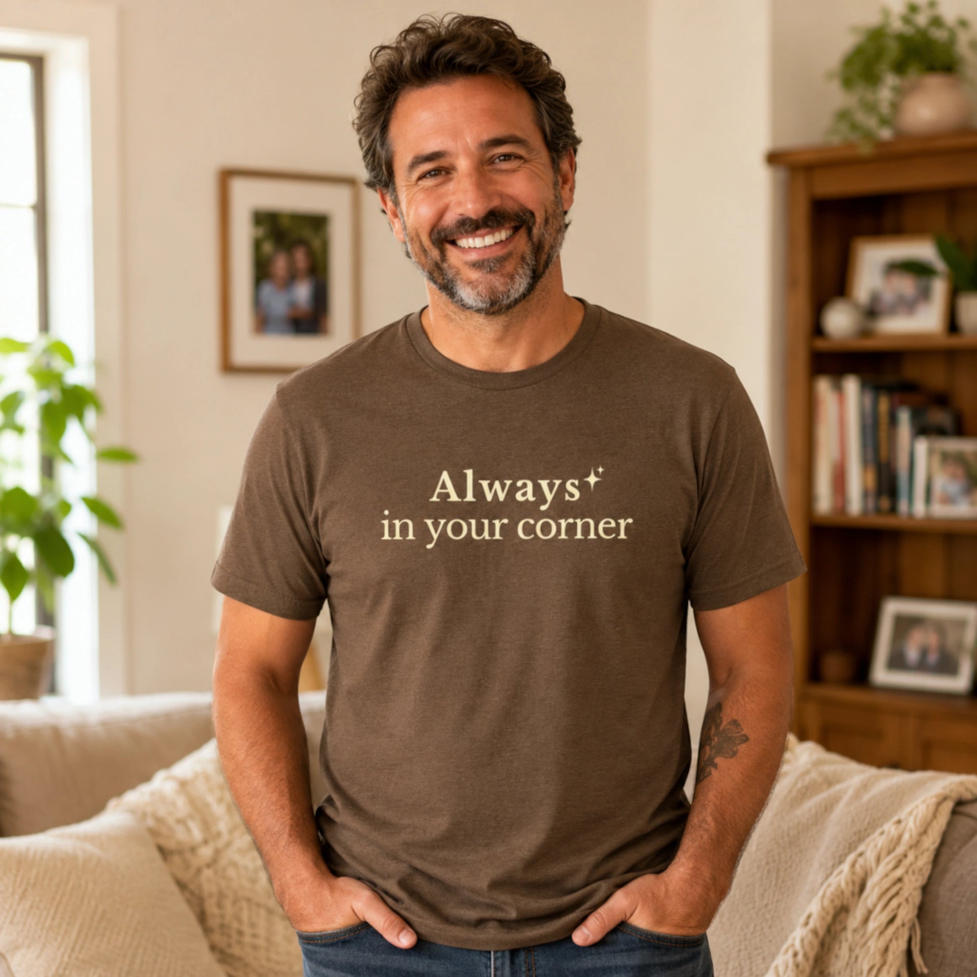 Male model wearing the Always in Your Corner T-Shirt in Heather Brown, featuring soft cream lettering and a small star detail on a Bella+Canvas unisex tee.