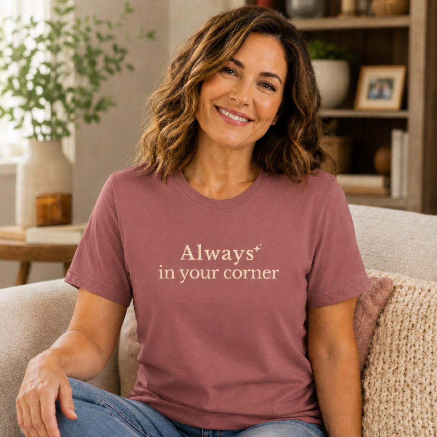 Female model wearing the Always in Your Corner T-Shirt in Mauve, featuring soft cream lettering and a small heart detail on a Bella+Canvas unisex tee.