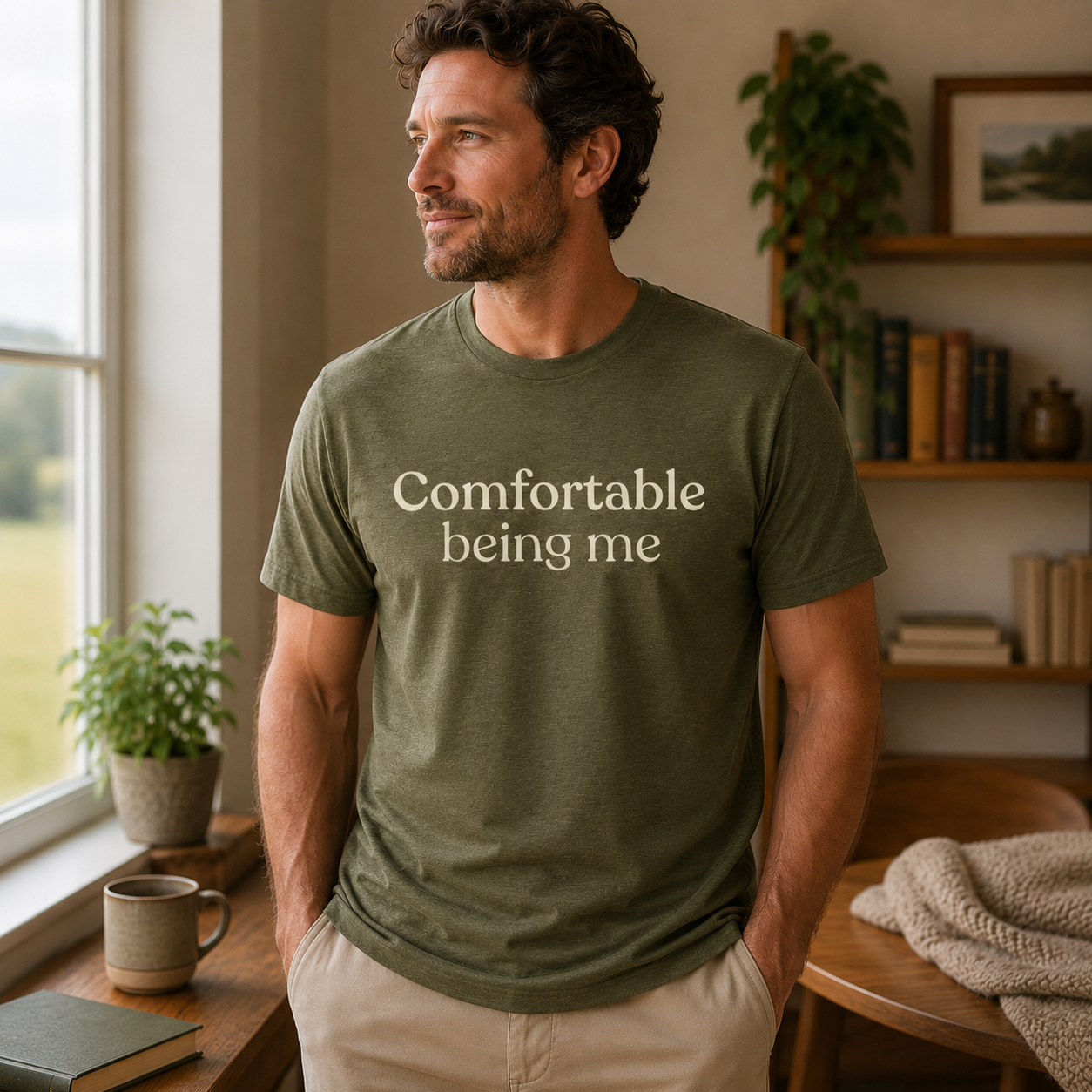 Man wearing a Heather Olive Comfortable Being Me T-Shirt with cream serif text, standing in a warm, relaxed home interior.
