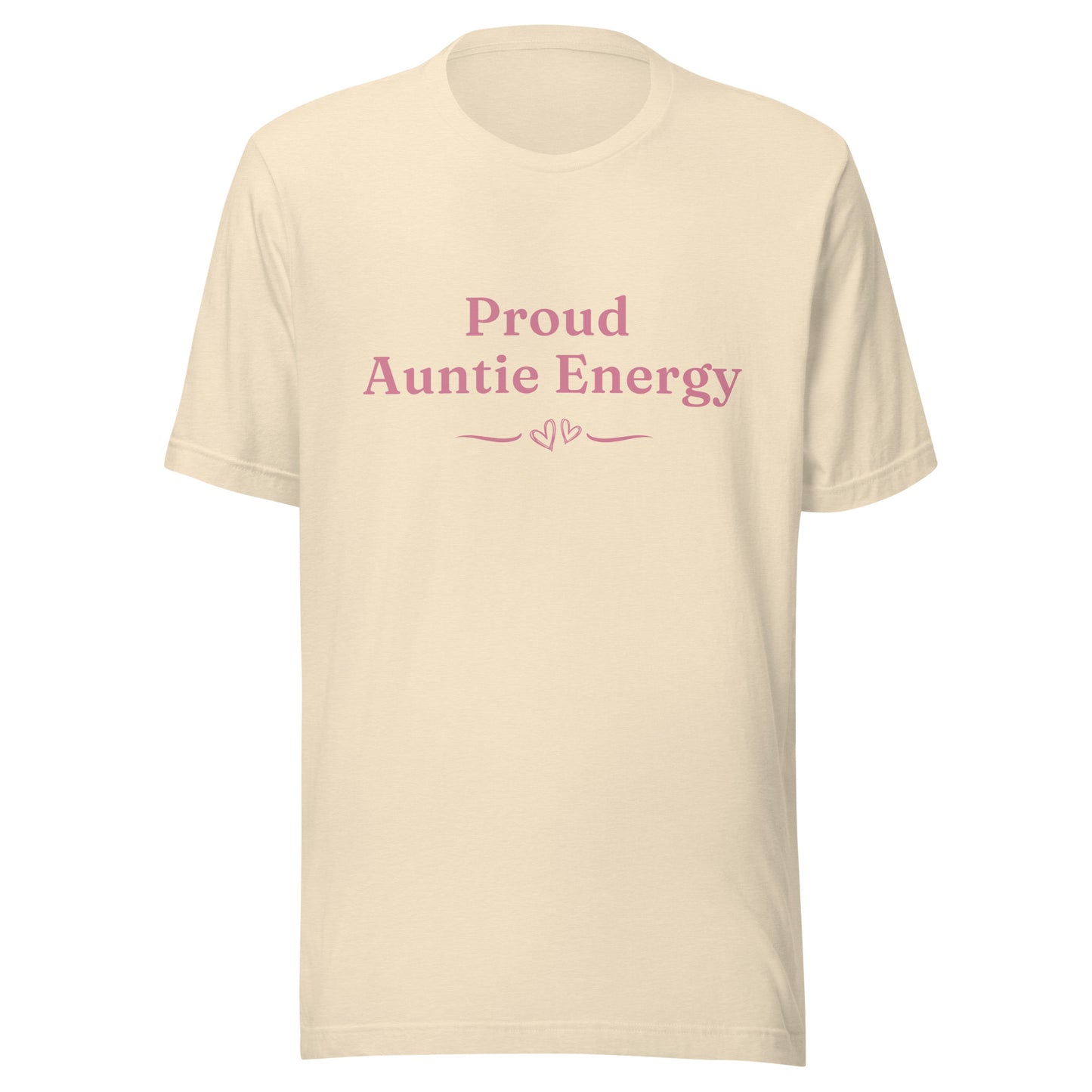 Proud Auntie Energy T-Shirt in Heather-Natural with soft pink lettering and a double-heart detail on a Bella+Canvas unisex tee.