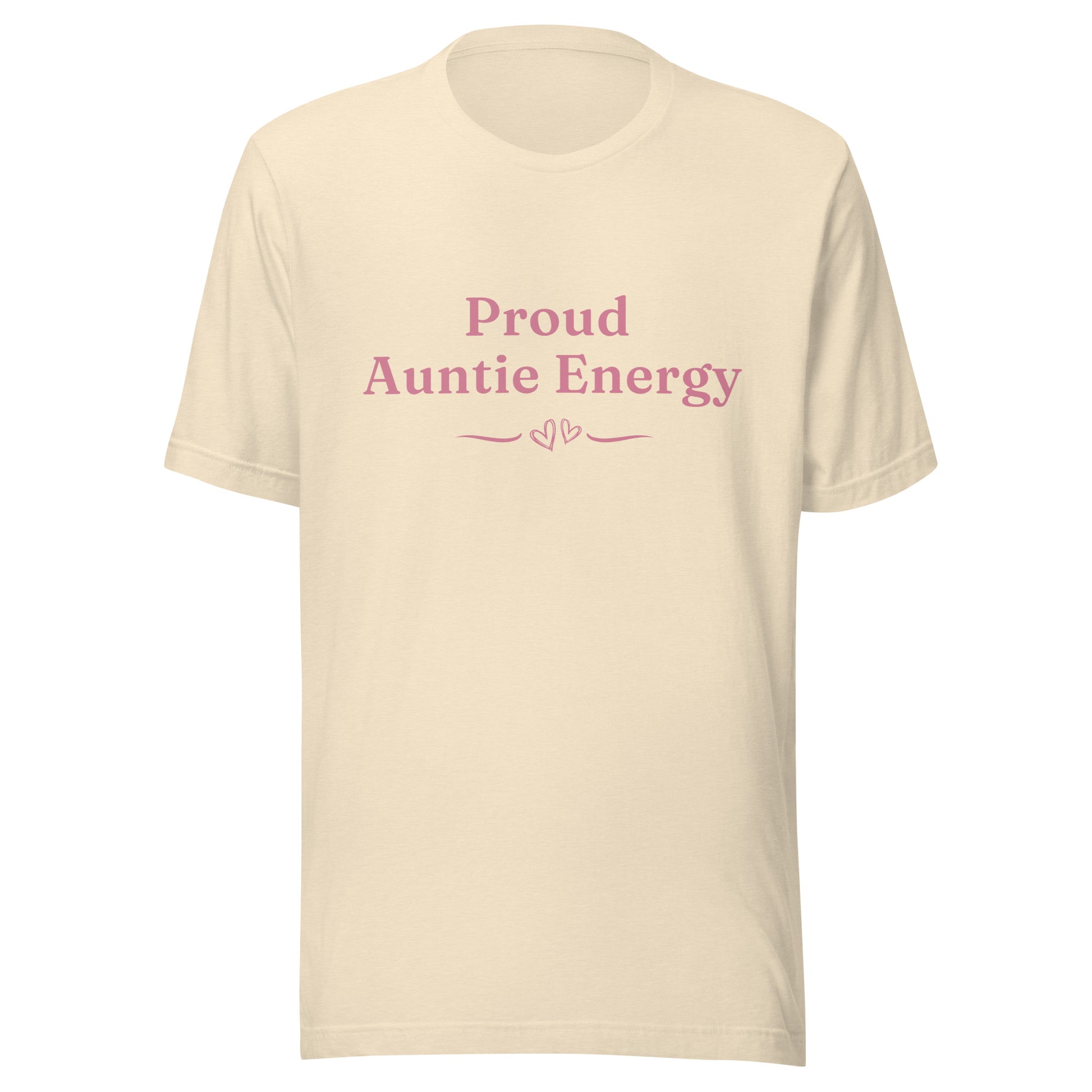 Proud Auntie Energy T-Shirt in Heather-Natural with soft pink lettering and a double-heart detail on a Bella+Canvas unisex tee.