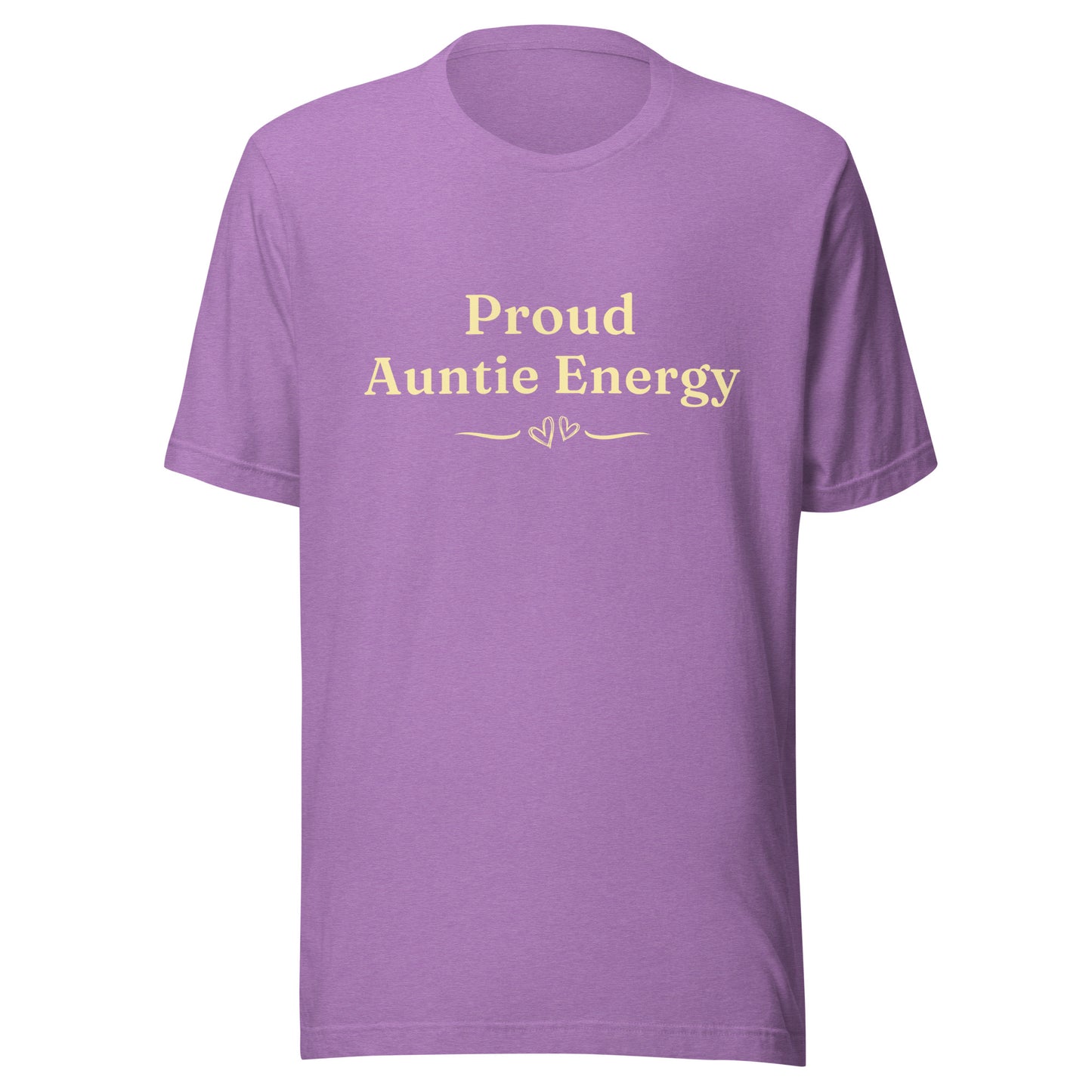 Proud Auntie Energy T-Shirt in Heather Team Purple with soft cream lettering and a double-heart detail on a Bella+Canvas unisex tee.