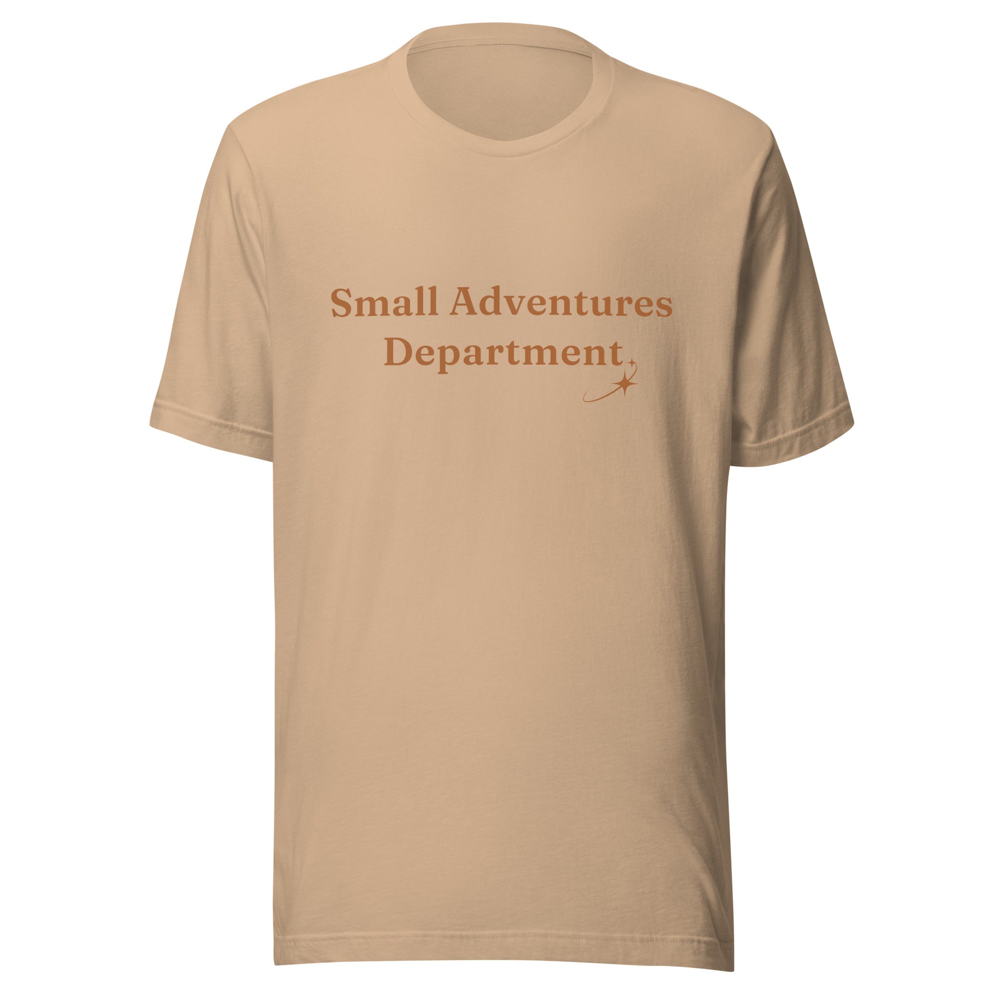 Small Adventures Department T-Shirt in Tan, featuring warm brown lettering and a small star detail on a Bella+Canvas unisex tee.