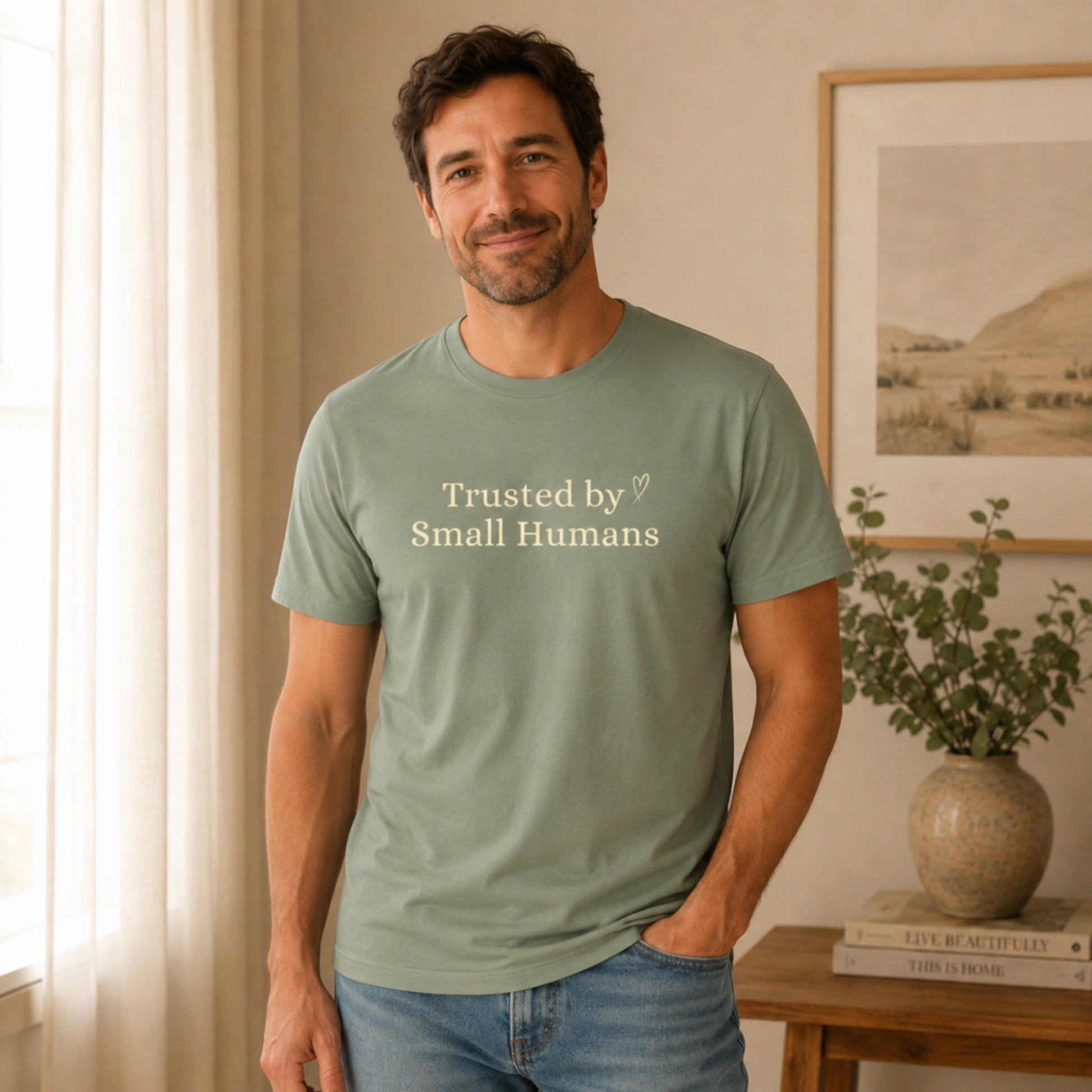 Male model wearing the Trusted by Small Humans T-Shirt in Sage, featuring soft cream serif lettering and a small heart detail on a Bella+Canvas unisex tee.