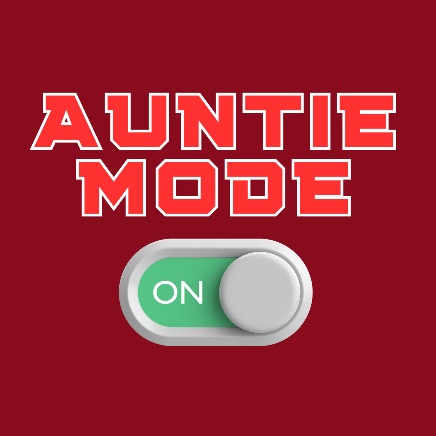 Auntie Mode On graphic design close-up on cardinal  red background