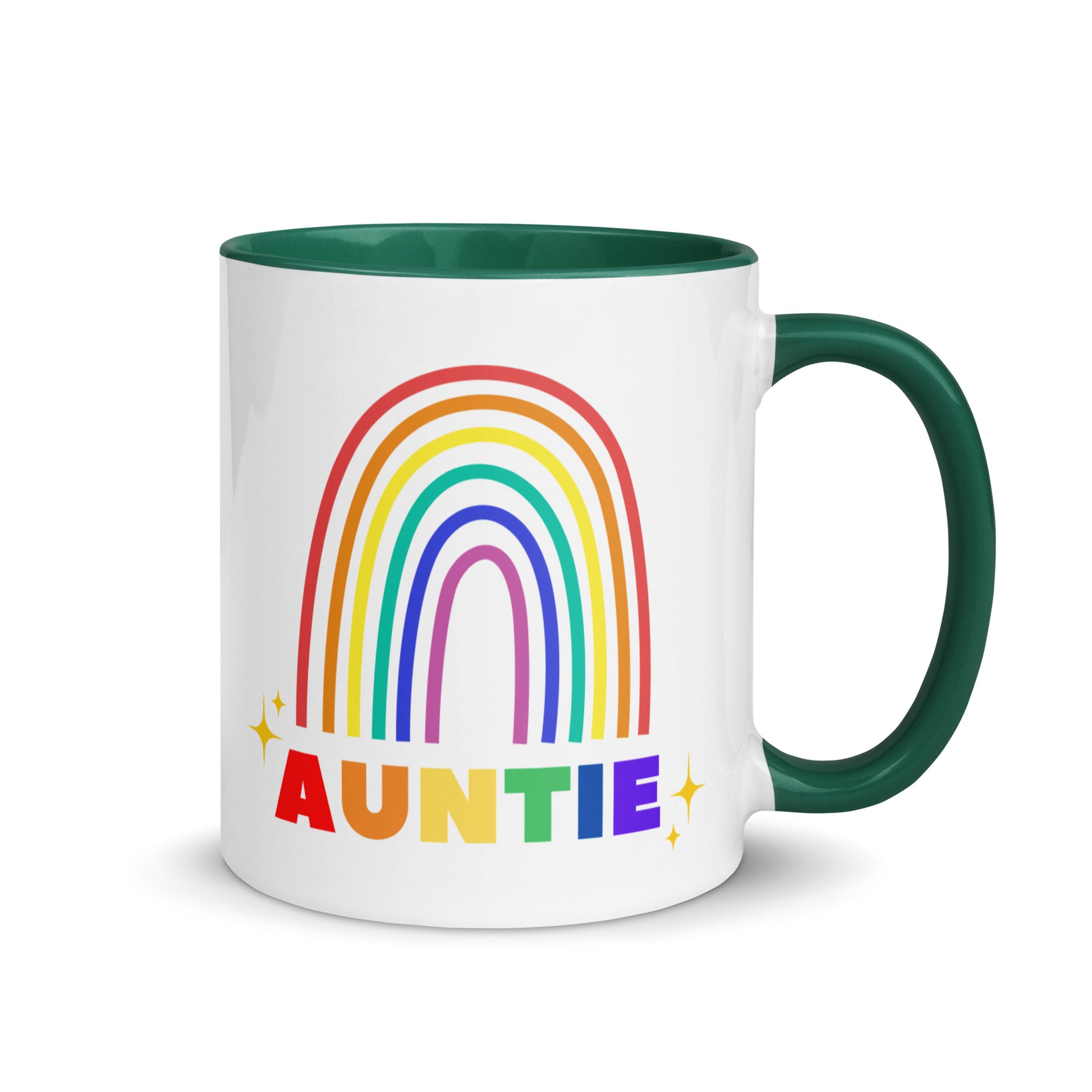 Auntie rainbow ceramic mug with dark green interior and handle
