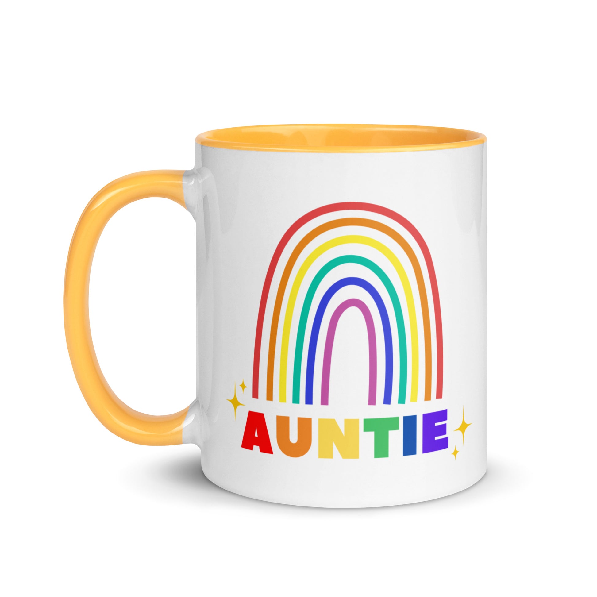 Back view of Auntie rainbow ceramic mug showing rainbow design printed on both sides