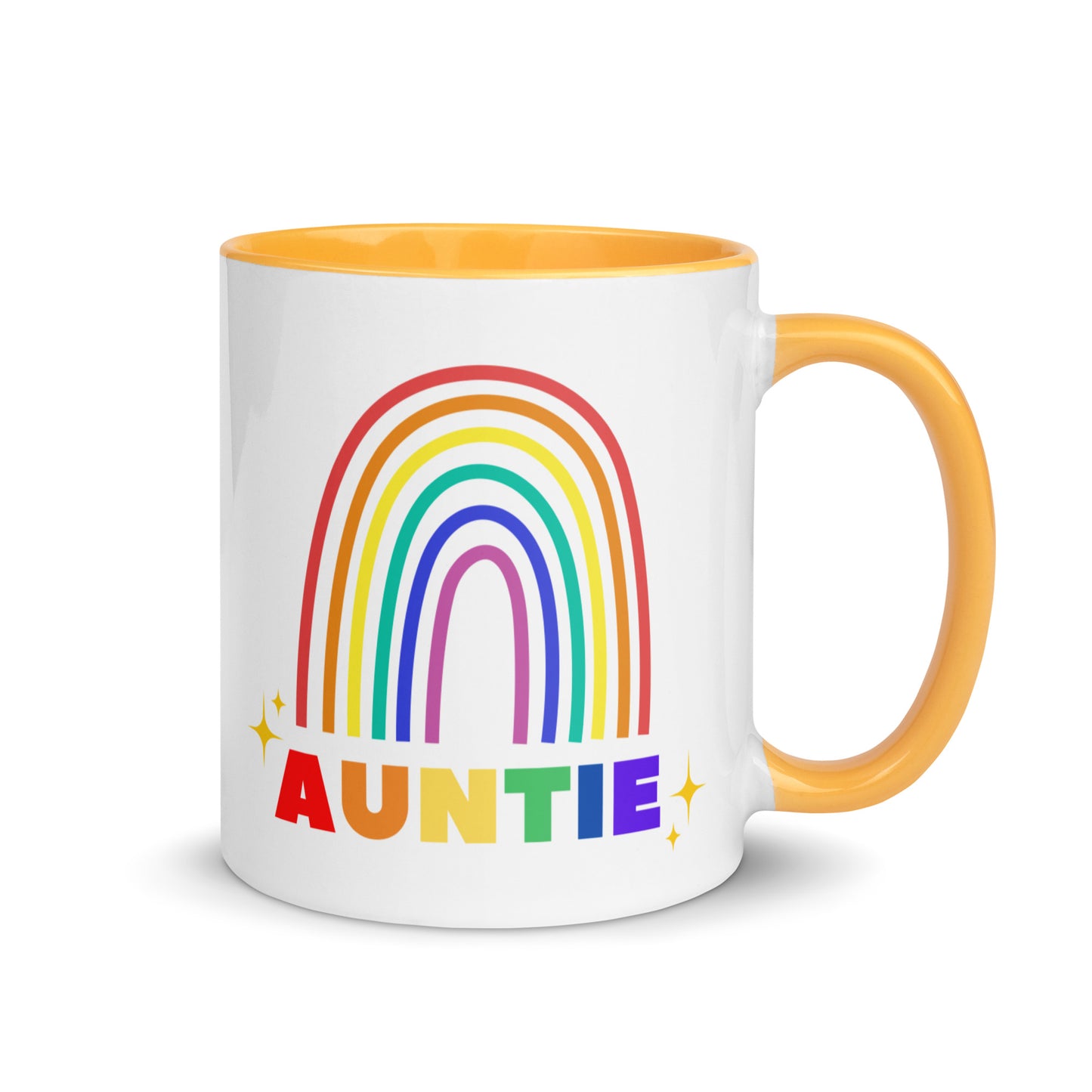 Auntie rainbow ceramic mug with golden yellow interior and handle