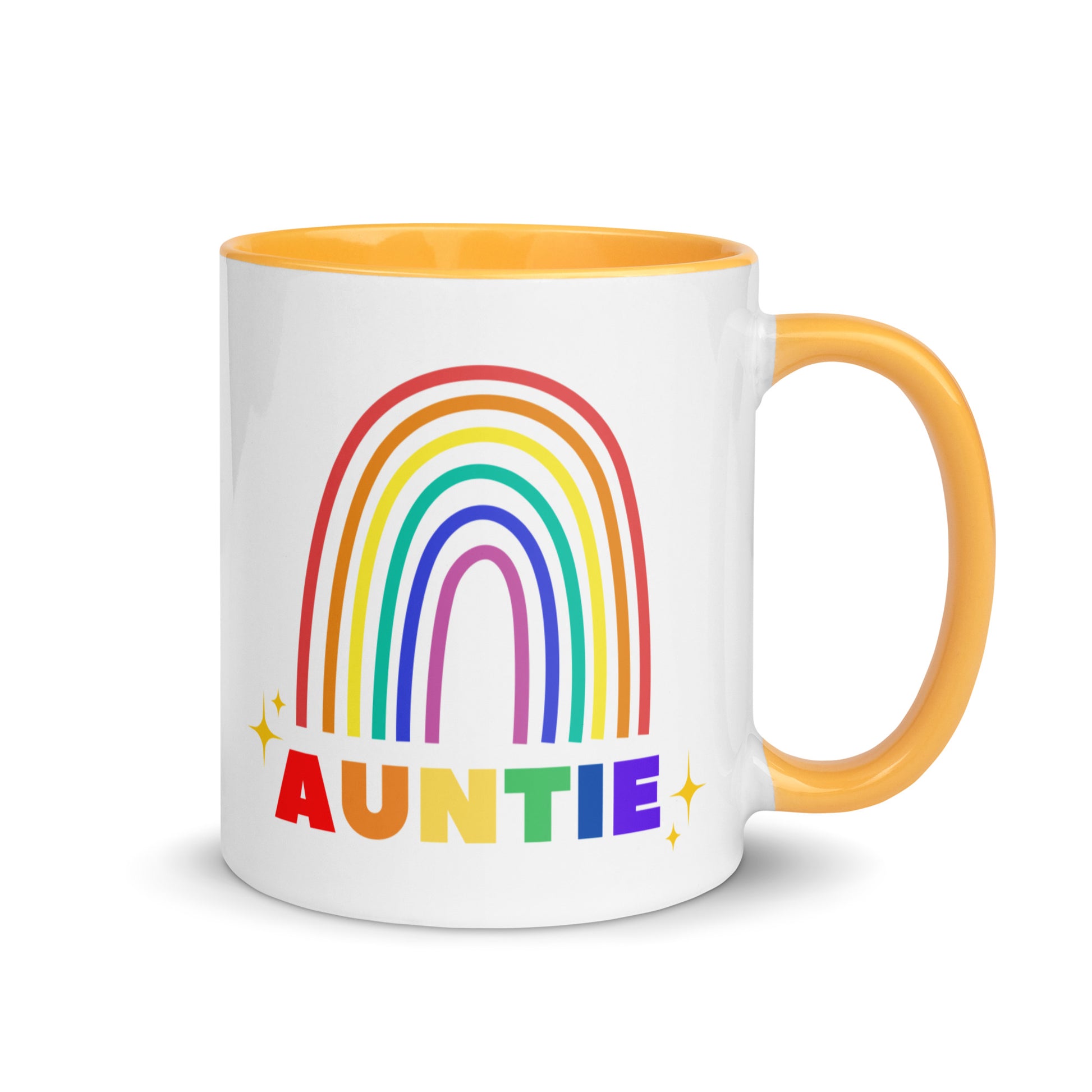 Auntie rainbow ceramic mug with golden yellow interior and handle