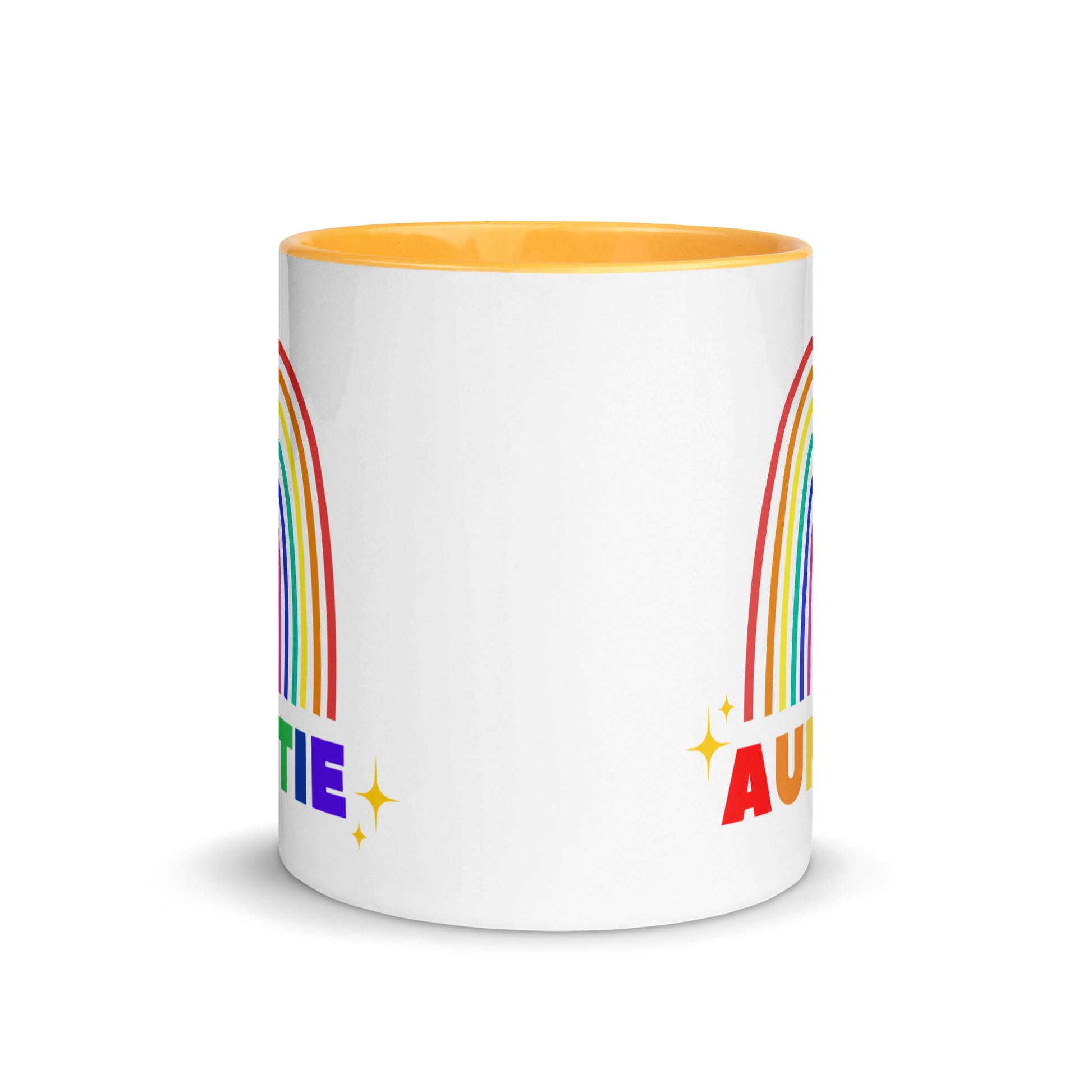 Side view of Auntie rainbow ceramic mug with golden yellow handle