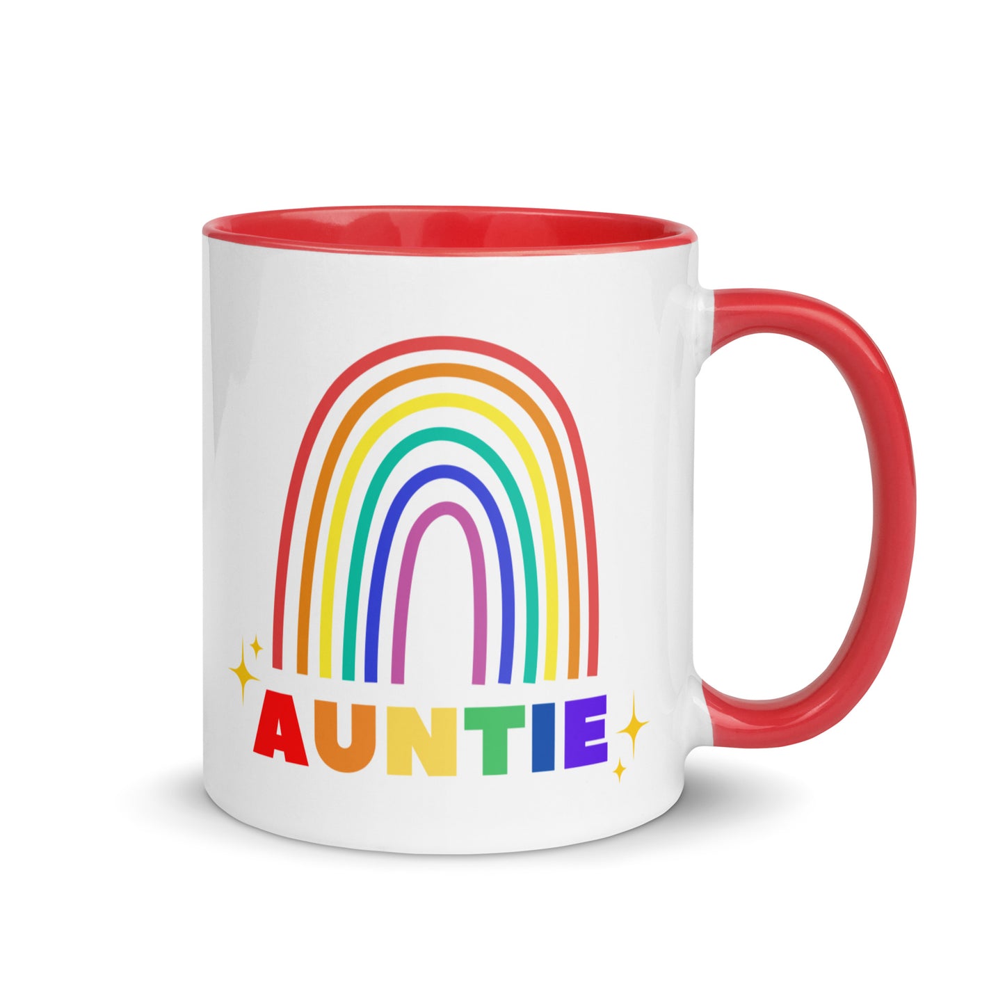 Auntie rainbow ceramic mug with red interior and handle
