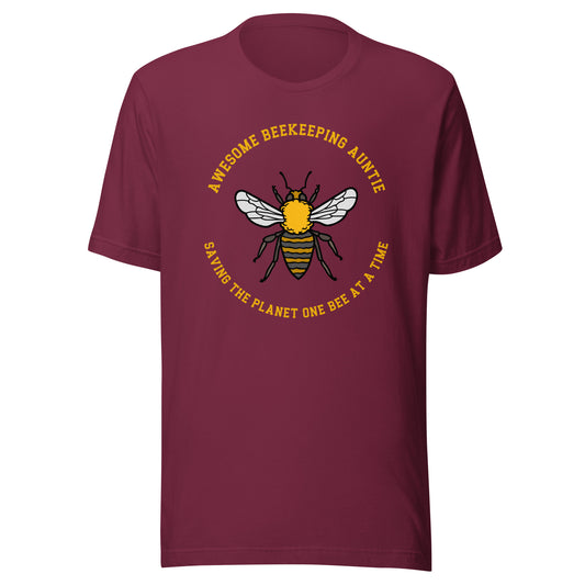 Awesome Beekeeping Auntie T-shirt with bee illustration and Saving the Planet One Bee at a Time text