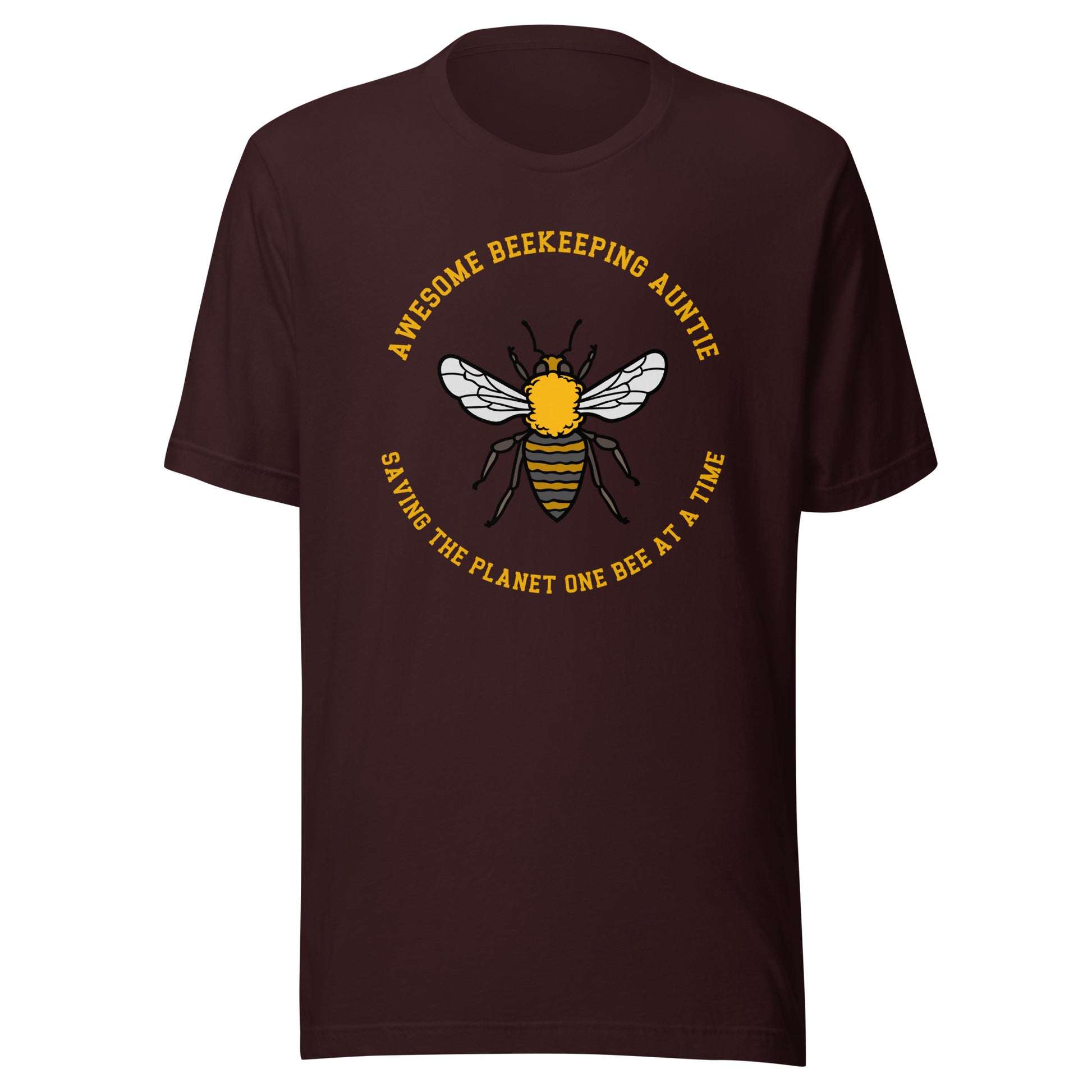 Awesome Beekeeping Auntie T-shirt in oxblood black colour with bee design