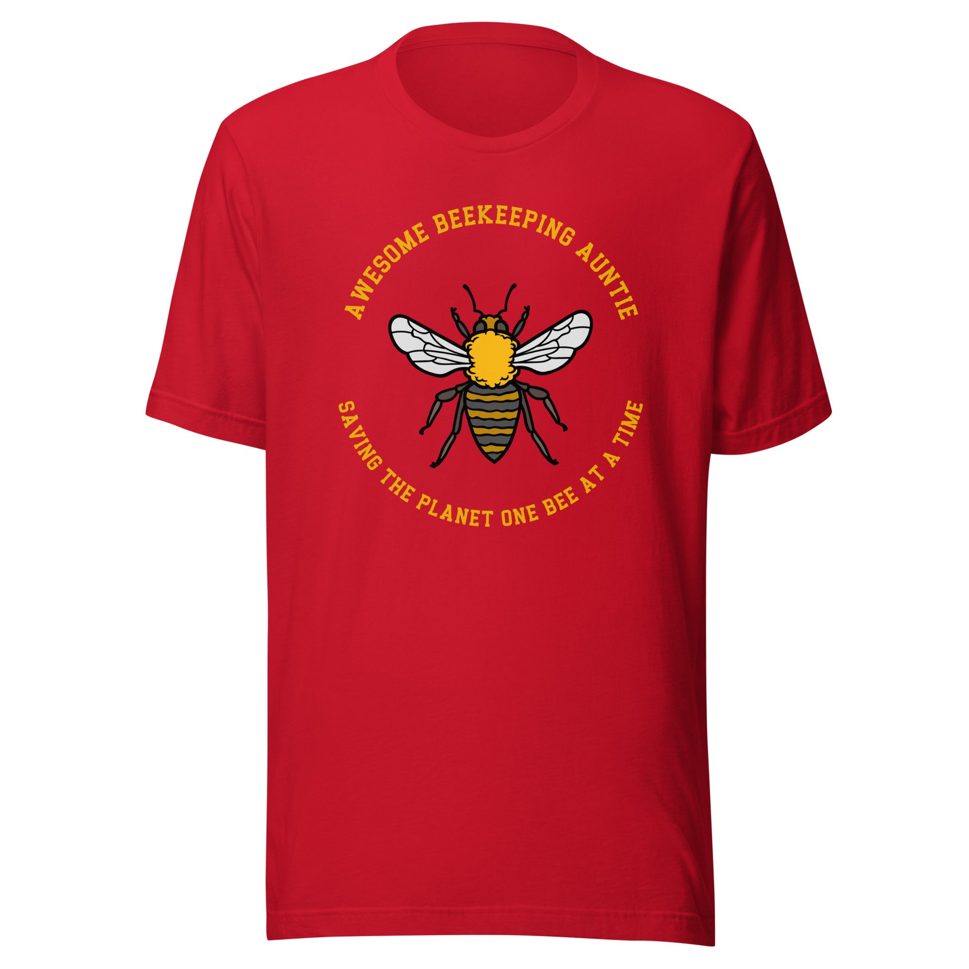 Awesome Beekeeping Auntie T-shirt in red with bee illustration