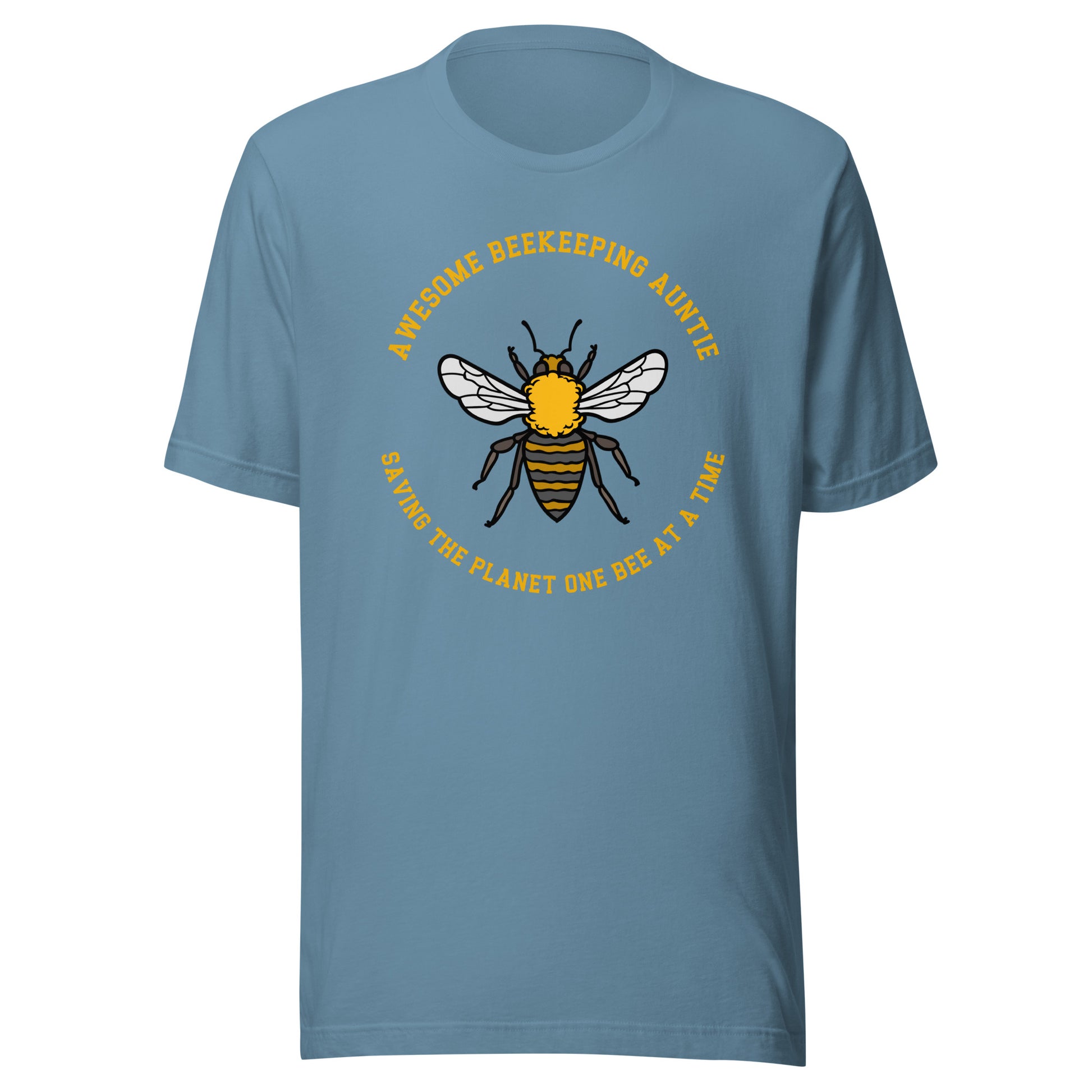 Awesome Beekeeping Auntie T-shirt in steel blue with Saving the Planet One Bee at a Time message