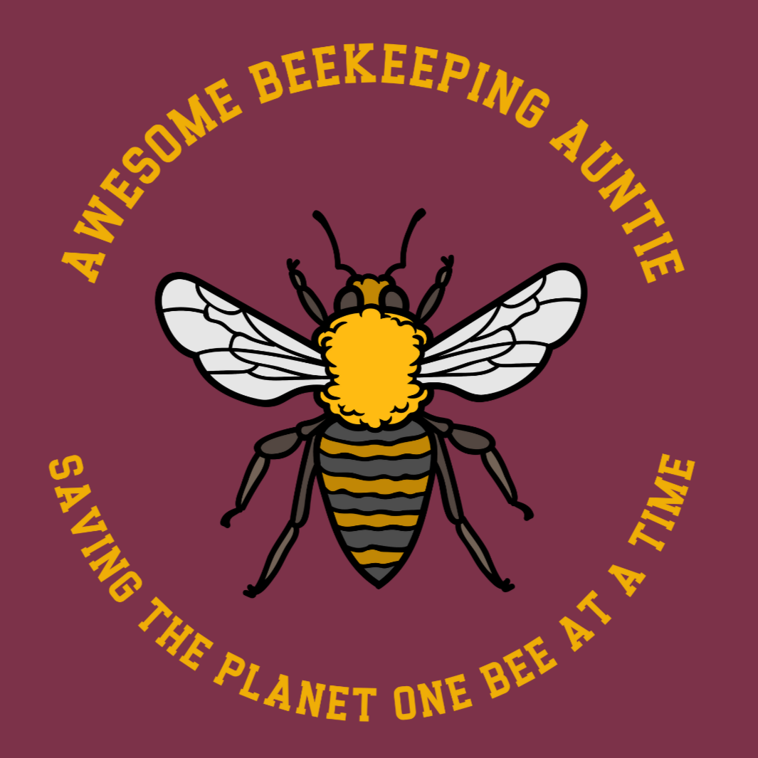 Bee illustration with Awesome Beekeeping Auntie text and eco-friendly message