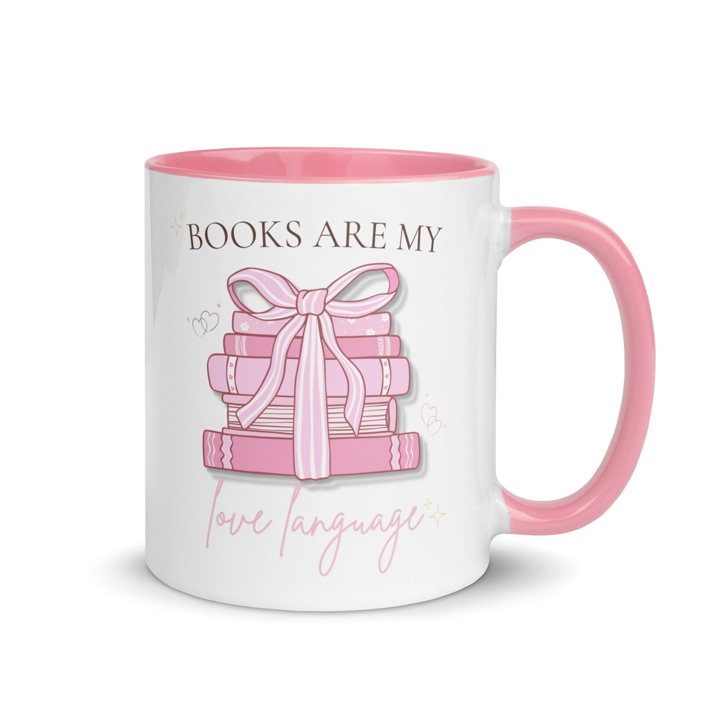 Books Are My Love Language ceramic mug with pink interior and handle featuring pastel stack of ribbon-tied books