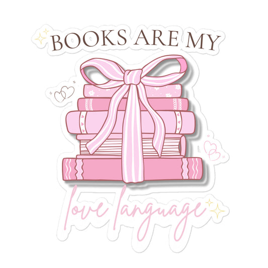 Pastel pink stack of books tied with ribbon featuring the phrase “Books Are My Love Language”