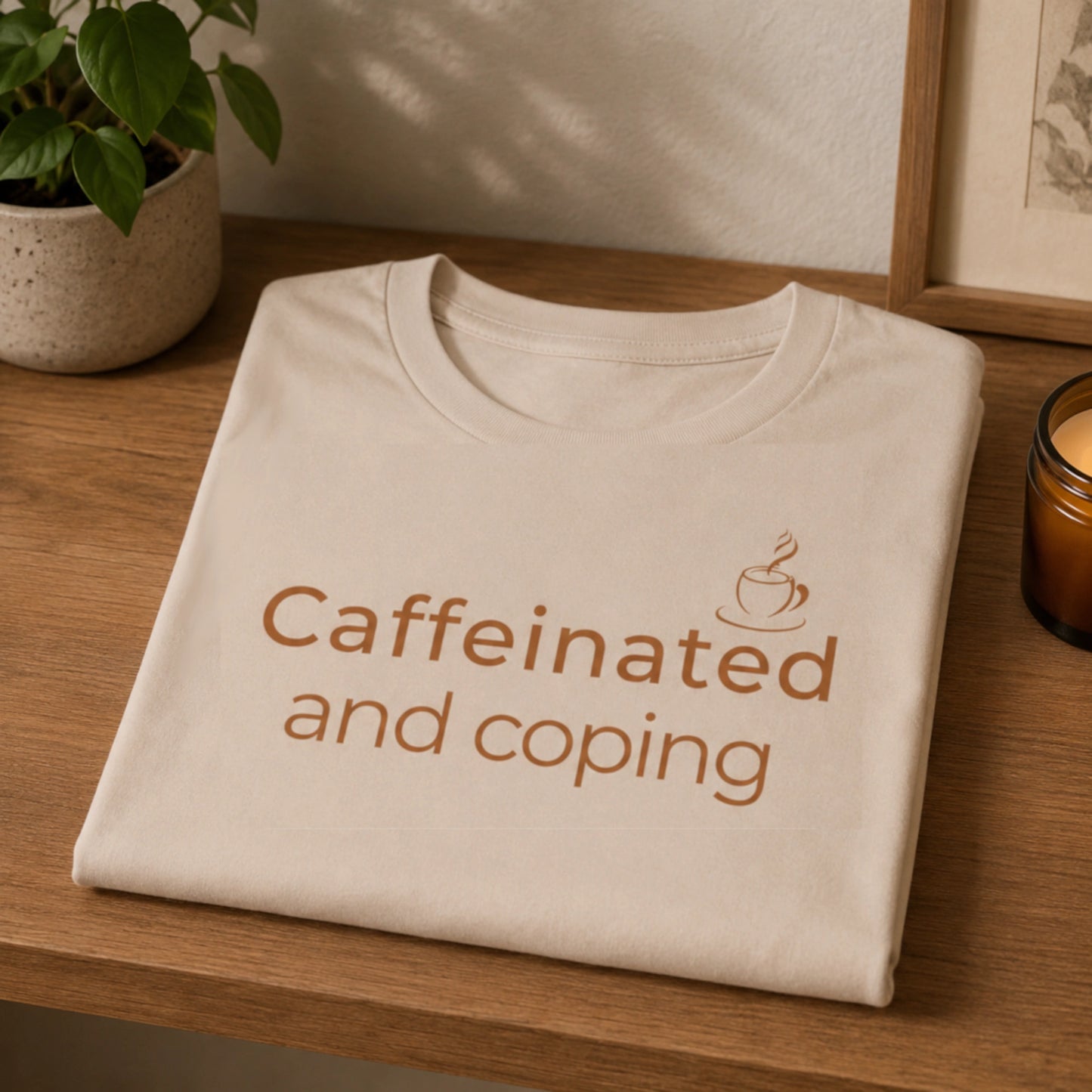 Folded Caffeinated and Coping T-Shirt styled on a warm wooden shelf with a cosy coffee mug, soft neutral tones, and relaxed everyday lifestyle decor.