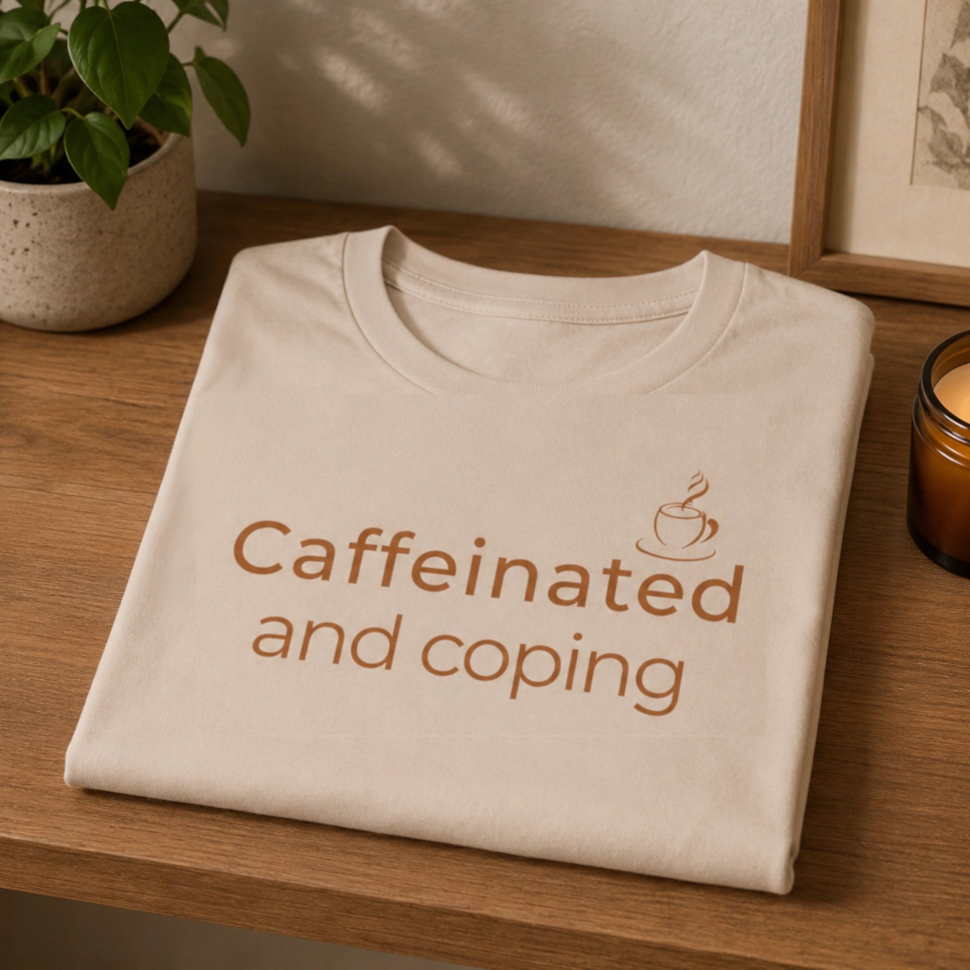 Folded Caffeinated and Coping T-Shirt styled on a warm wooden shelf with a cosy coffee mug, soft neutral tones, and relaxed everyday lifestyle decor.