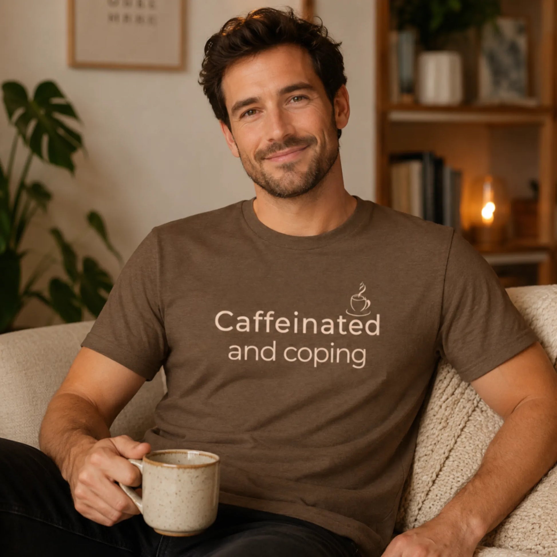 Male model wearing a heather brown “Caffeinated and Coping” T-shirt while sitting on a cosy sofa holding a coffee mug in a warm, relaxed living room.