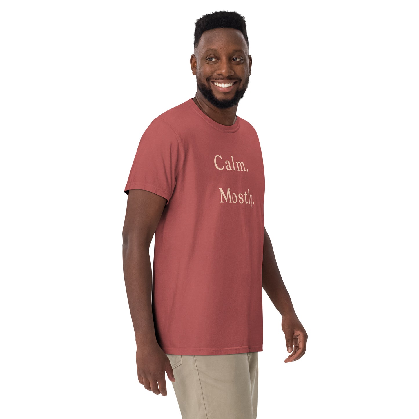 Man wearing crimson Calm Mostly Comfort Colors T-shirt with relaxed unisex fit.