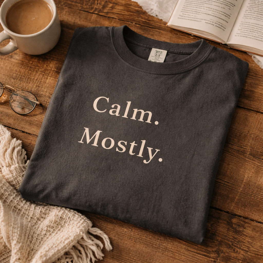 Folded pepper Comfort Colors T-shirt with “Calm. Mostly.” text on wooden table with coffee, book, and cosy neutral styling
