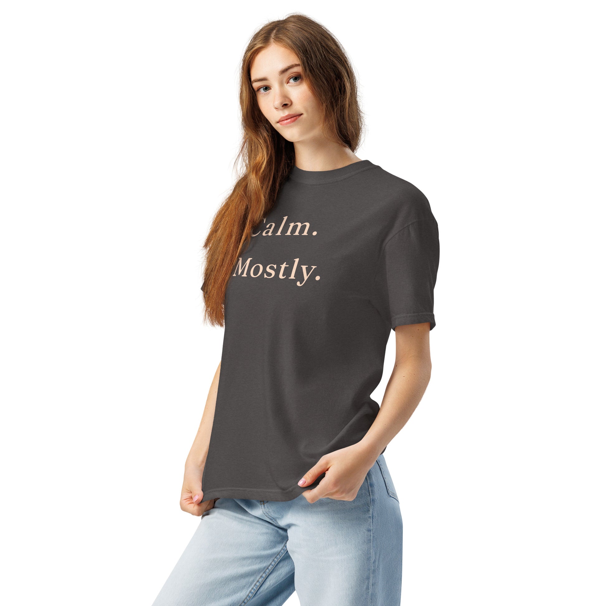 Woman wearing graphite Calm Mostly Comfort Colors T-shirt styled casually with jeans.