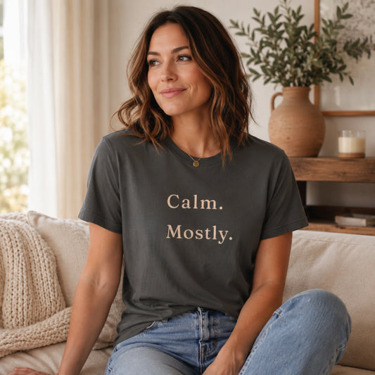 Female model wearing the Calm. Mostly. T-shirt in Asphalt, featuring soft peach serif text on a dark grey Bella+Canvas unisex tee.